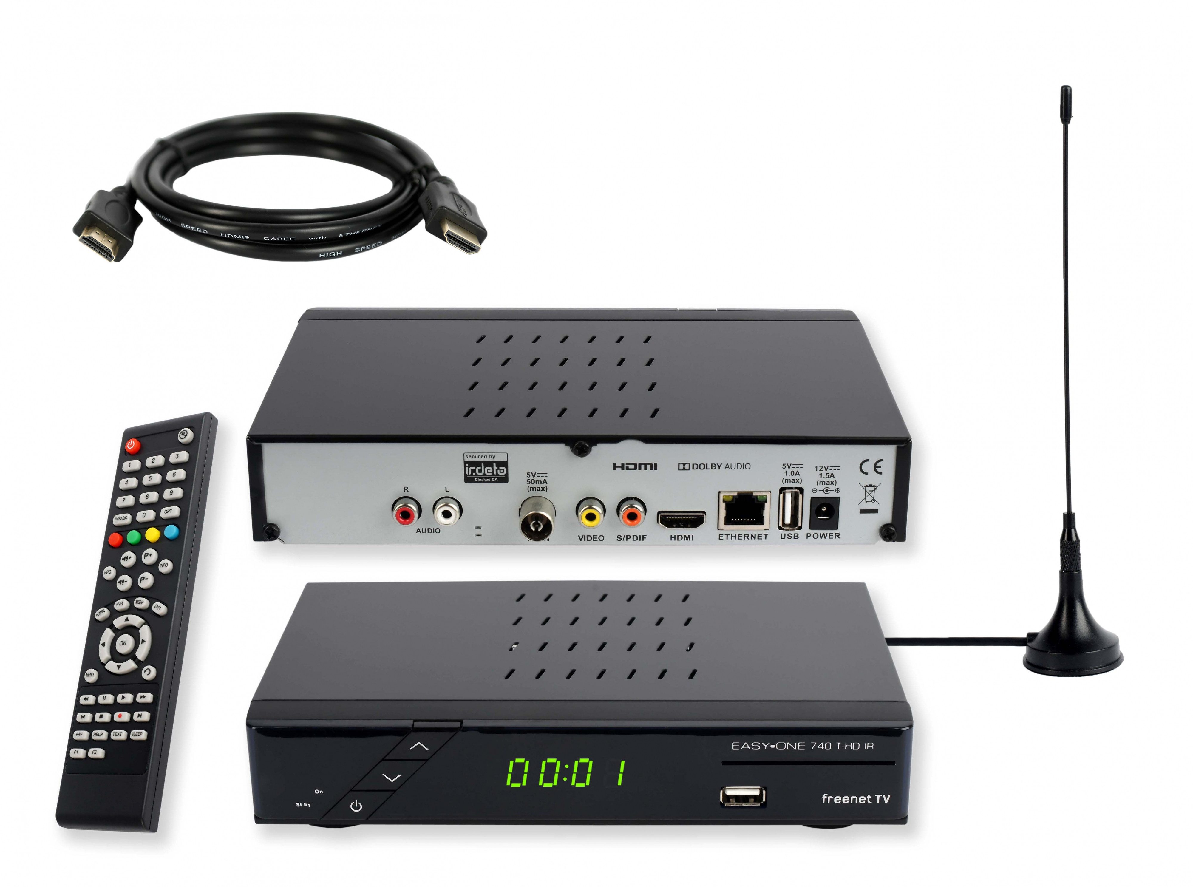 EasyOne 740 HD freenet TV DVB-T2 HD Receiver (2m HDMI Kabel, passive DVB-T2 Antenne)