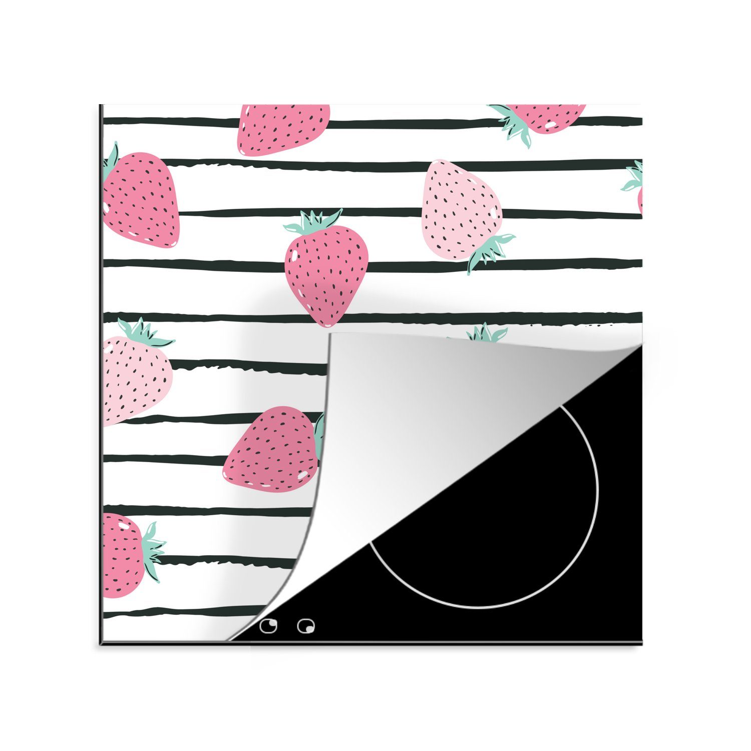 MuchoWow Herdblende-/Abdeckplatte Sommerlich - Erdbeeren - Rosa - Streifen, Vinyl, (1 tlg), 78x78 cm, Ceranfeldabdeckung, Arbeitsplatte für küche