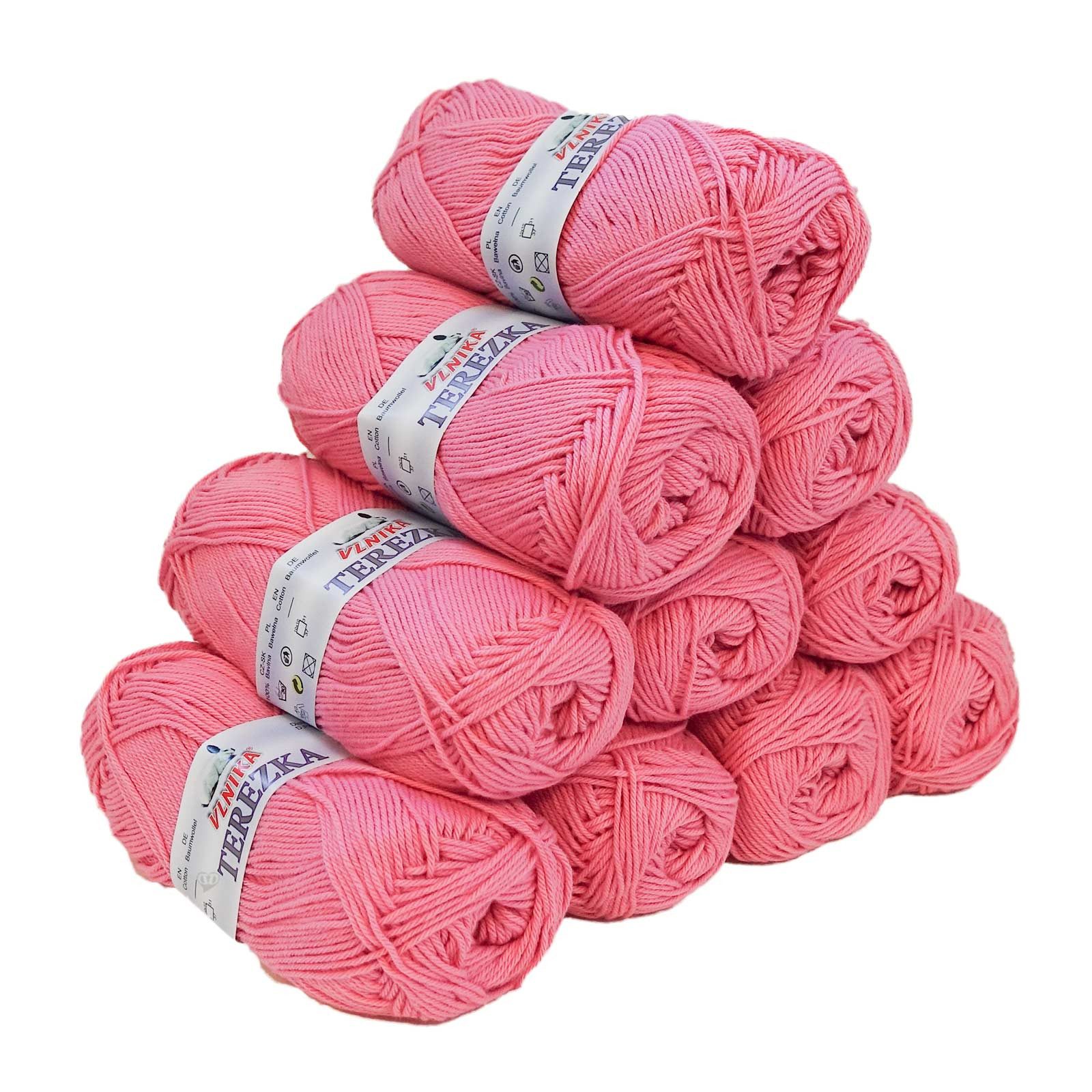 VLNIKA 10 x 50g Strickgarn TEREZKA 100% Baumwolle Baumwollgarn Häkelgarn Häkelwolle, 155 m (Sparpaket 10 x 50g), bubblegum