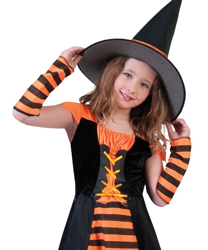 Karneval-Klamotten Hexen-Kostüm schwarz orange Hexenkleid mit Hexenhut, Armstulpen, Kinderkostüm Mädchenkostüm Halloween Kleid mit Armstulpen und Hut