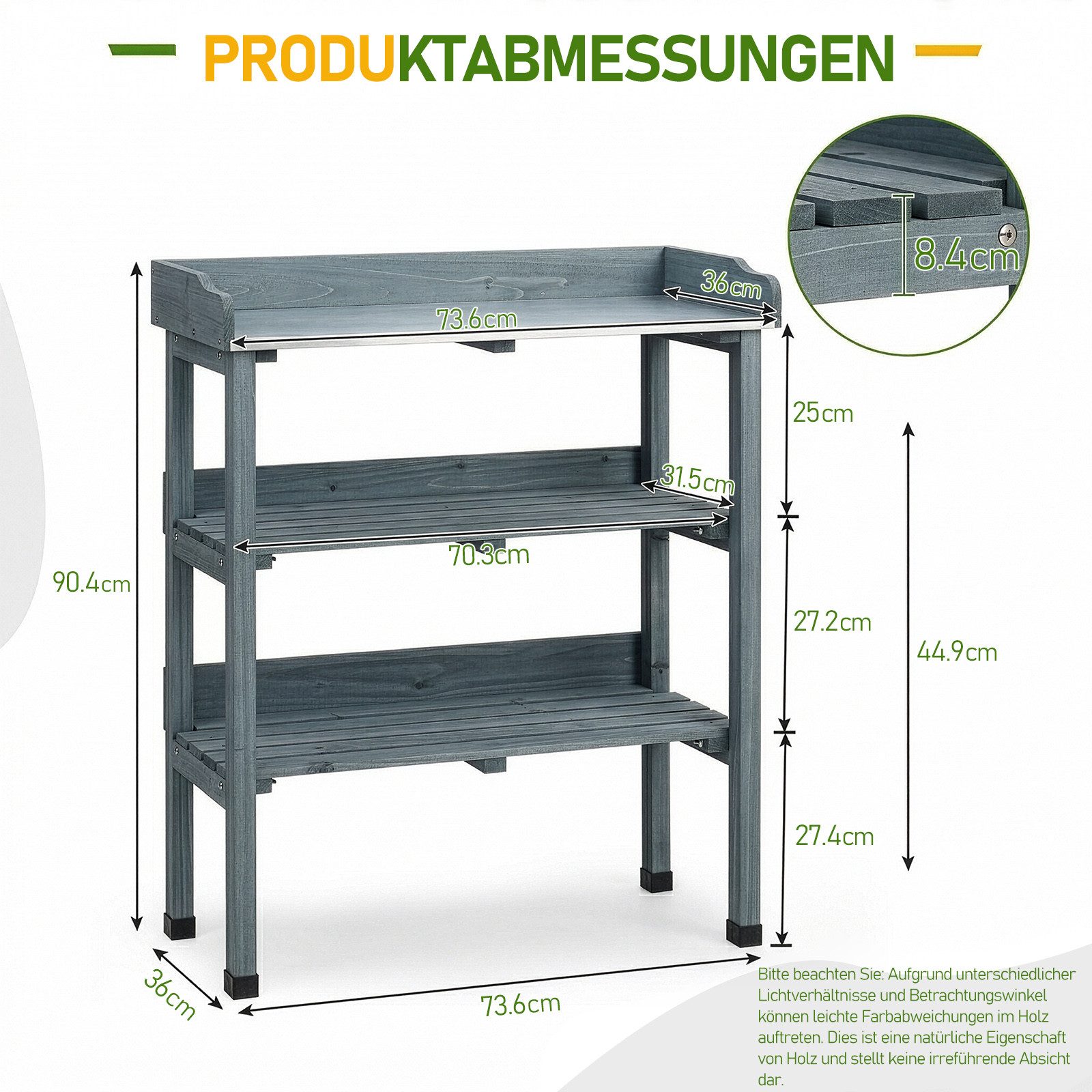 LALAHO Pflanztisch 3 Ablagen, Gärtnertisch mit verzinkter Arbeitsplatte, Garten-Blumentisch für Outdoor, wetterfest, 74x36x90cm, Grau