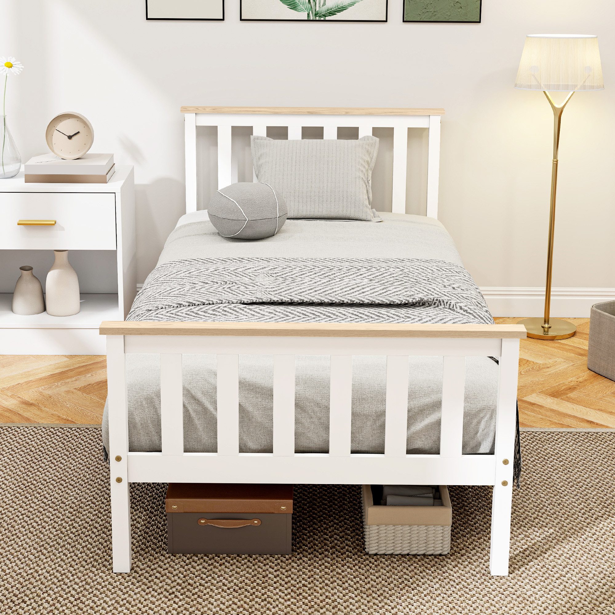 HOMCOM Bettgestell Bett 90 x 200 cm Unterbettaufbewahrung einfache Montage (Einzelbettrahmen, 1-tlg., Bettrahmen aus Holz), für Schlafzimmer, Weiß