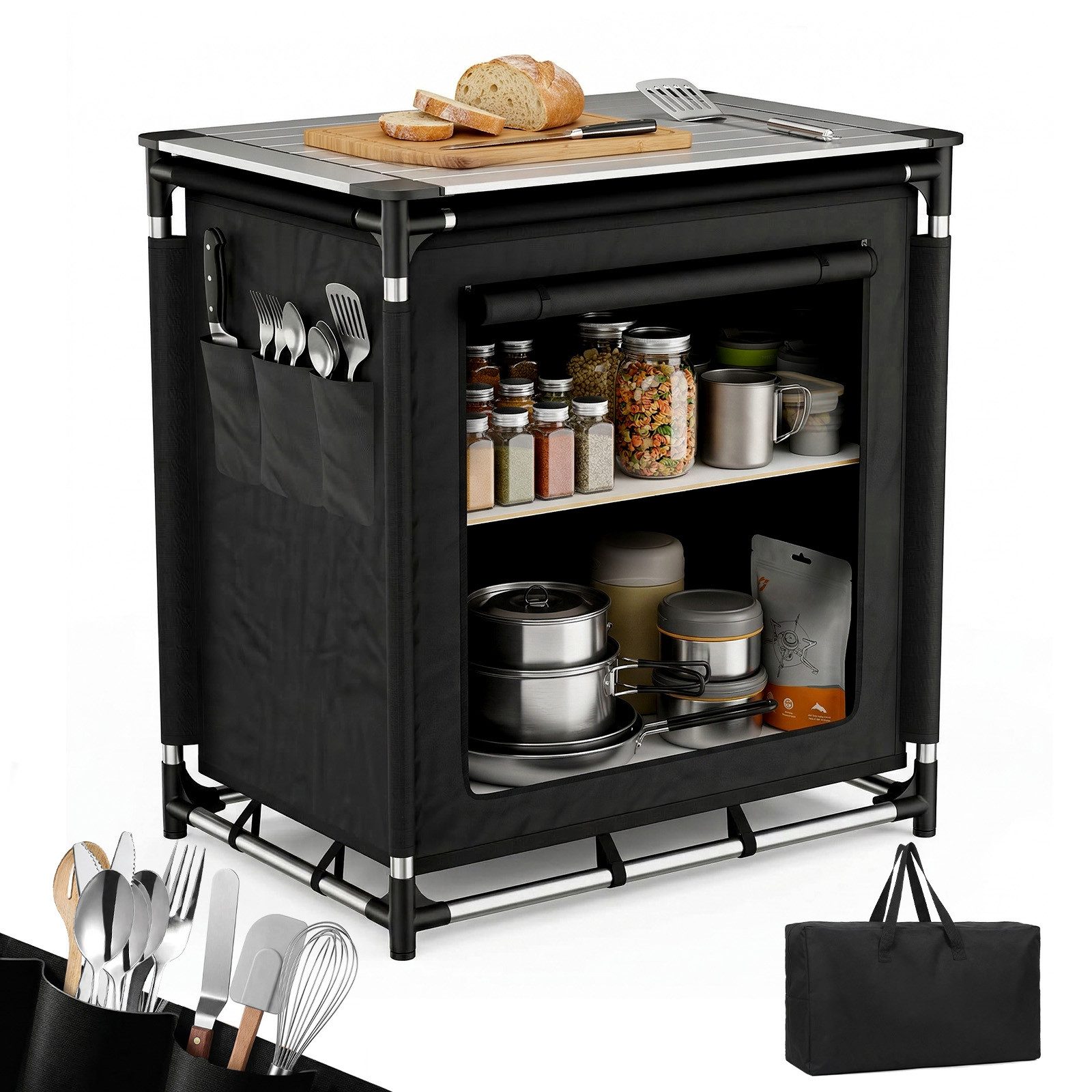 Sekey Campingschrank Faltbar Campingküche mit Aluminiumgestell und Aluminium-Arbeitsplatte Campingtisch mit 2 Fächern, leicht transportierbarer Reiseküche