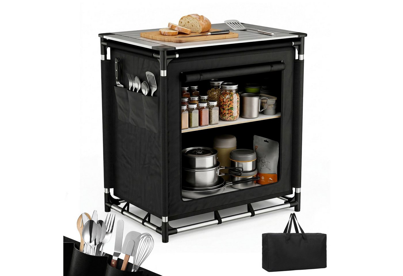 Sekey Campingschrank Faltbar Campingküche mit Aluminiumgestell und Aluminium-Arbeitsplatte Campingtisch mit 2 Fächern, leicht transportierbarer Reiseküche