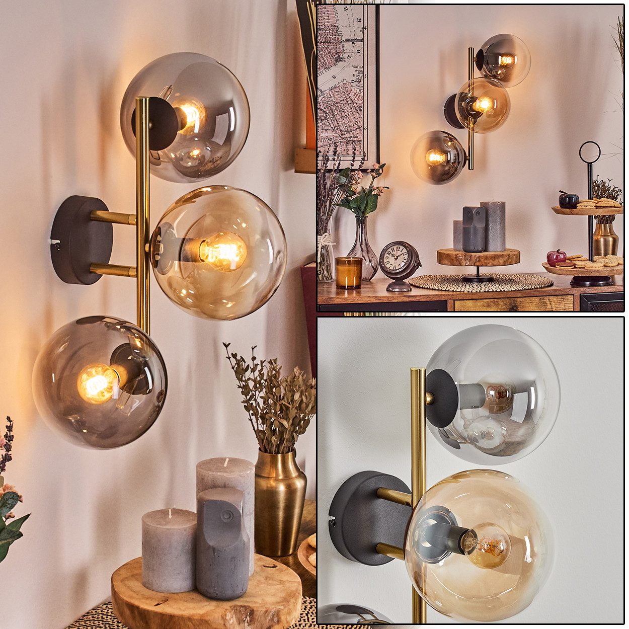 hofstein Wandleuchte Wandlampe aus Metall/Glas in Schwarz/Gold/Rauch/Bernstein/Klar, moderne Wandleuchte im Retro/Vintage-Design (Schirme 15 cm), E14