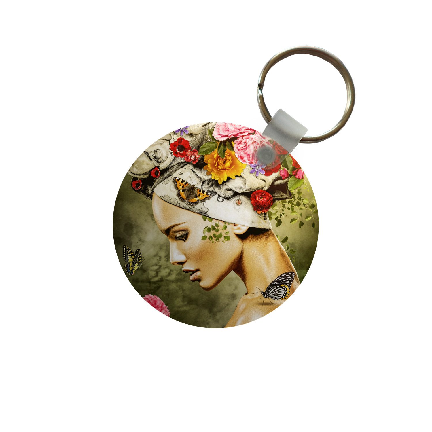 MuchoWow Schlüsselanhänger Frau - Blumen - Farben - Schmetterlinge - Rosen - Kopftuch, Rund, Geschenk für Damen / Herren / Kinder mit Schlüsselring, 5x5 cm