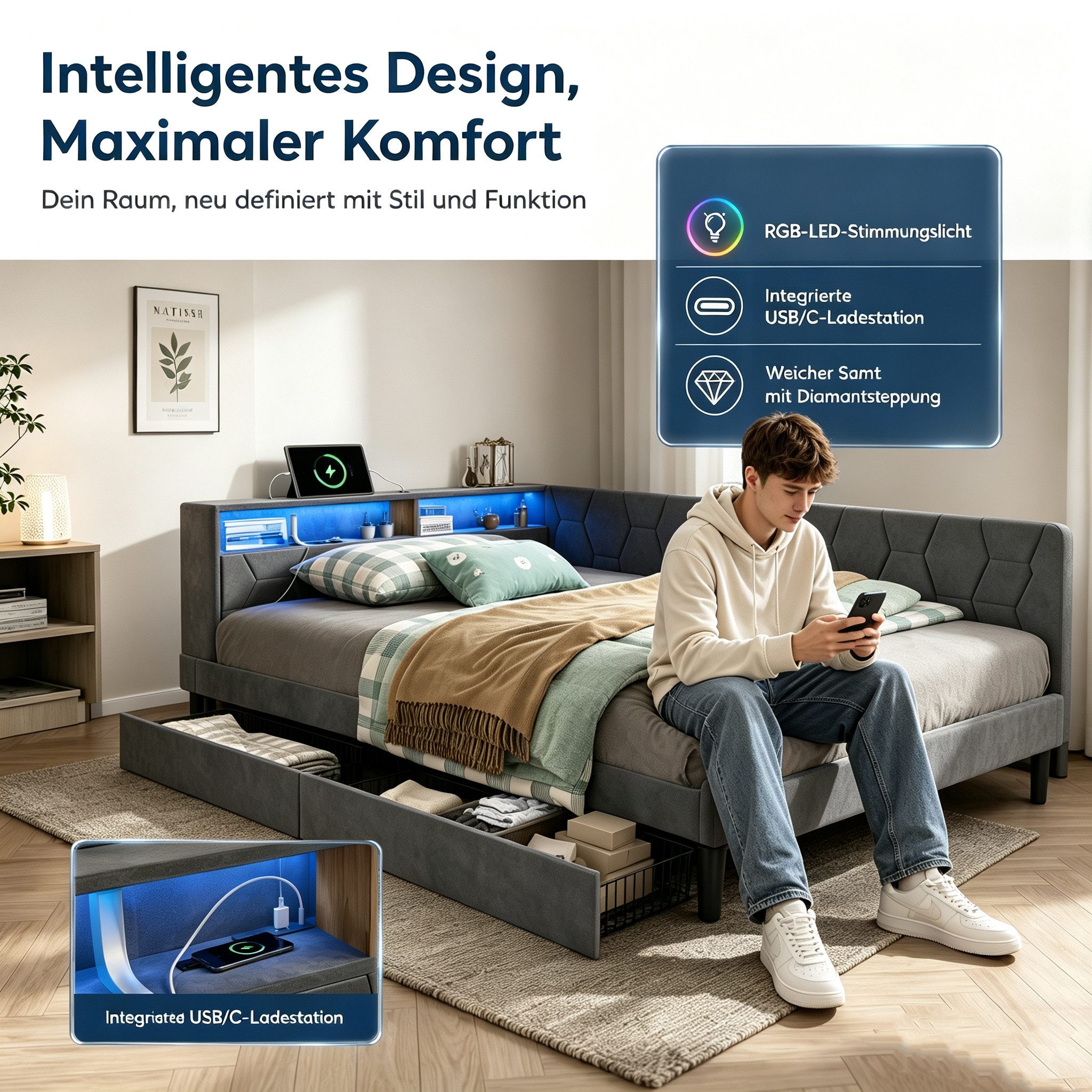 Simurq Daybed Tagesbett 90x200 mit Schubladen, Gästebett, Jugendbett, Polsterbett, Mit Lattenrost, USB Port & LED, samt, L-Form – Bild 4 von 5