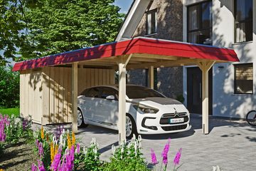 Skanholz Einzelcarport Wendland, BxT: 362x870 cm, 206 cm Einfahrtshöhe, mit Abstellraum mit EPDM-Dach, rote Blende
