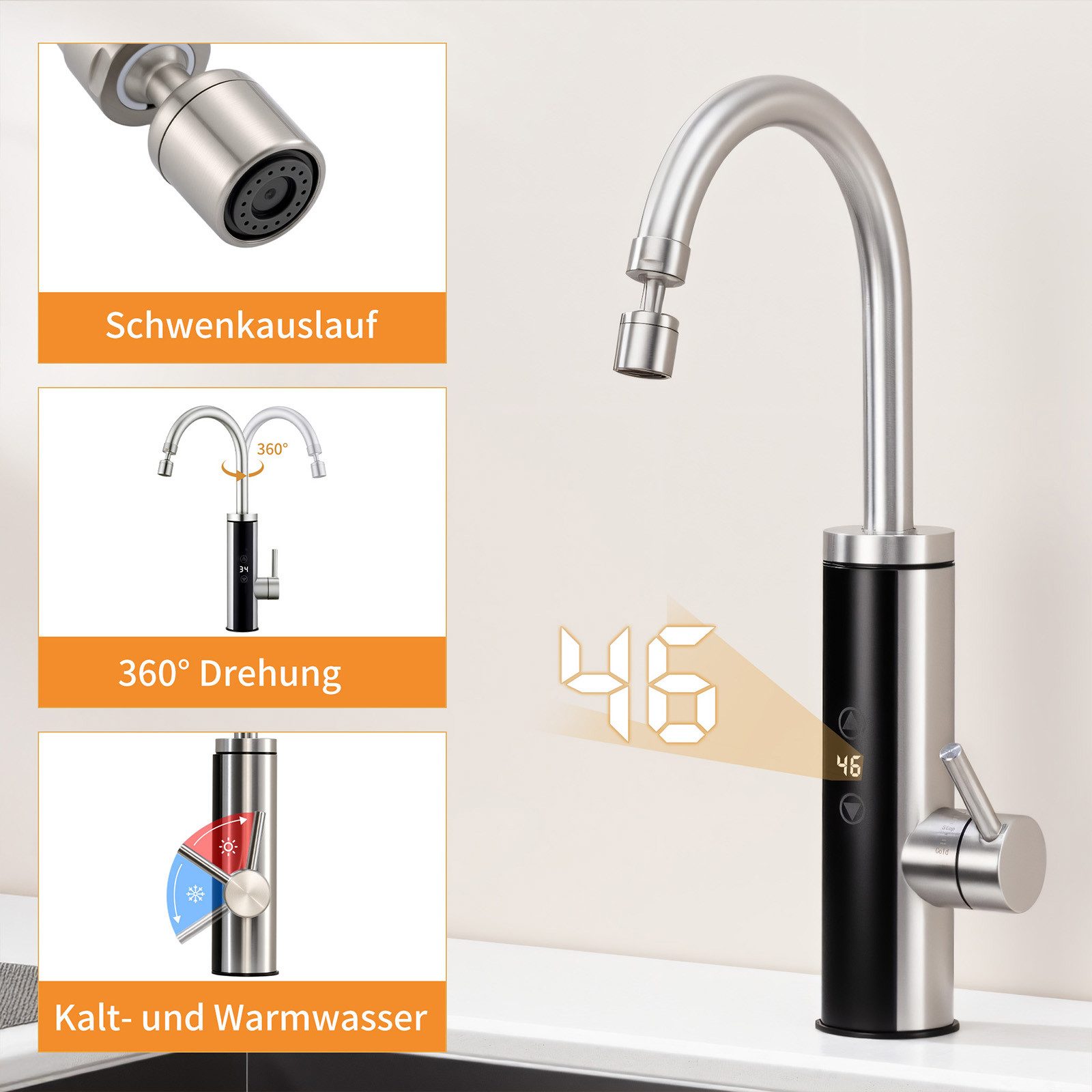 HOMELODY Küchenarmatur mit Durchlauferhitzer, Wasserhahn 360° drehbar,3-Stufen Touchregelung spültischarmatur küche,Elektrische Durchlauferhitzer,Gebürstet – Bild 3 von 5