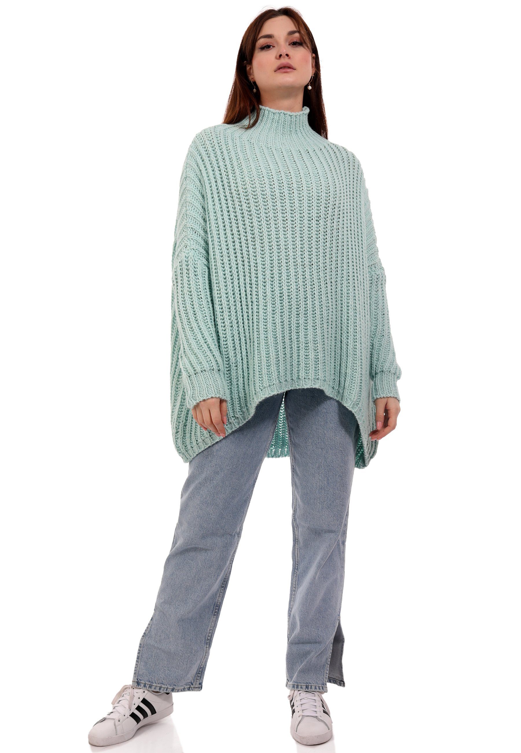 Style aqua Oversized light YC One Vokuhila Size Pullover Sweater (1-tlg) Grobstrick Fashion casual & Longpullover