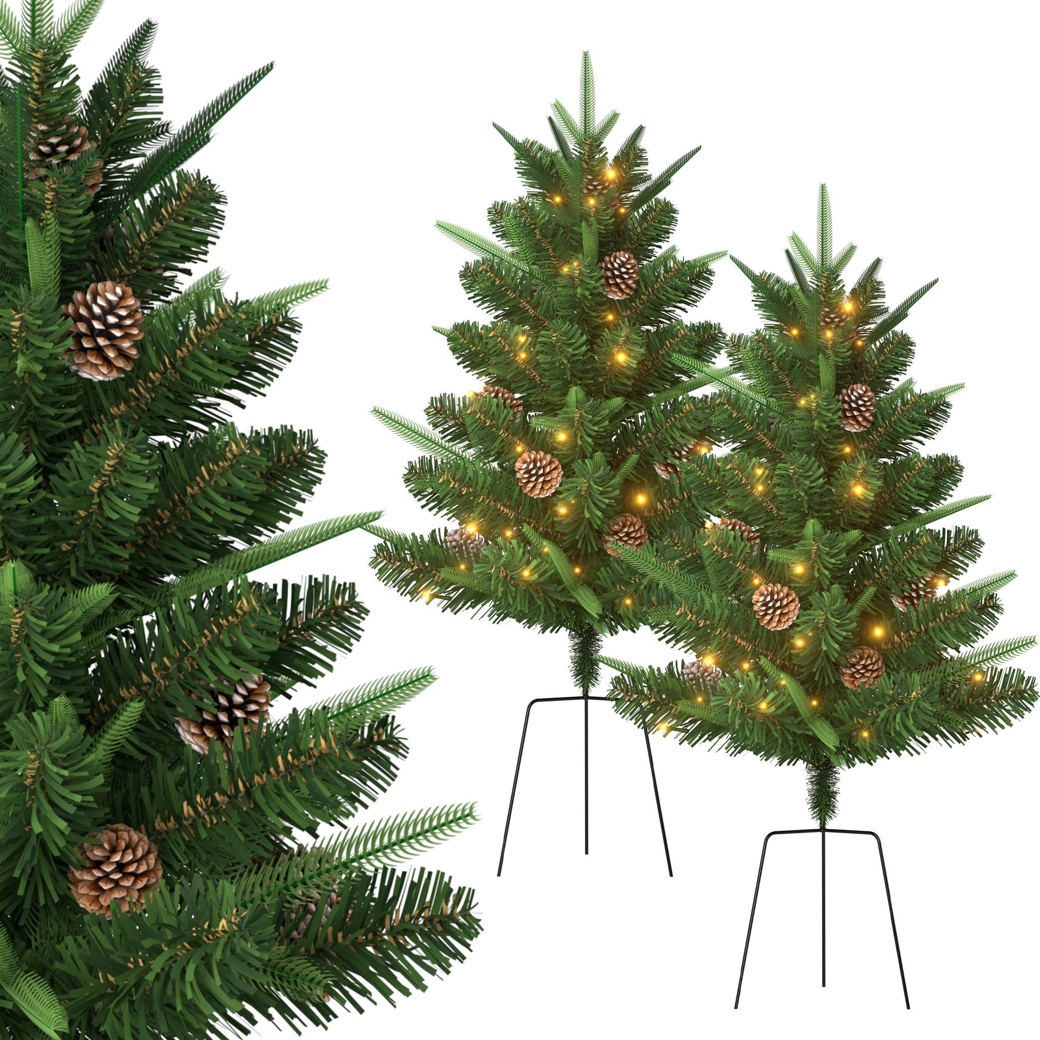 FIVMEN Künstlicher Weihnachtsbaum Tannenbaum mit Erdstecker Christbaum 76cm Weihnachtsdekobaum 2 Stück, Mini Tannenbaum Weihnachtsdekobaum mit Led Lichterkette
