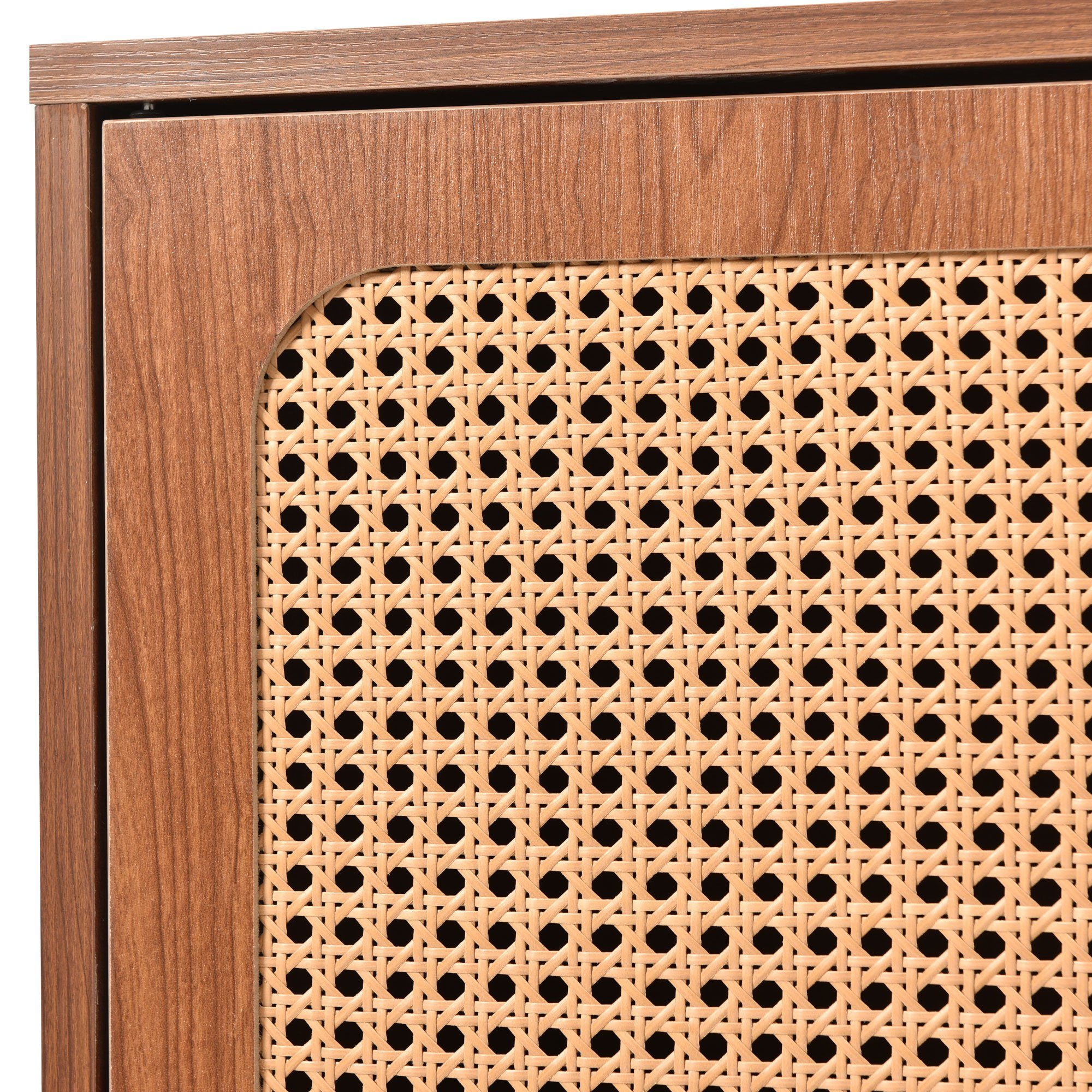 Kommode (Schubladenkommode), Sideboard mit 2 Türen und 3 Schubladen, Rattan, 150x40x90cm
