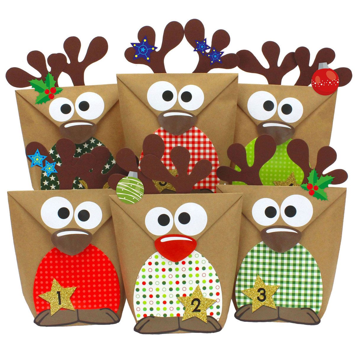 PAPIERDRACHEN DIY-Adventskalender 24 Papiertüten - Motiv Rentiere (24-tlg), 22x14x5cm