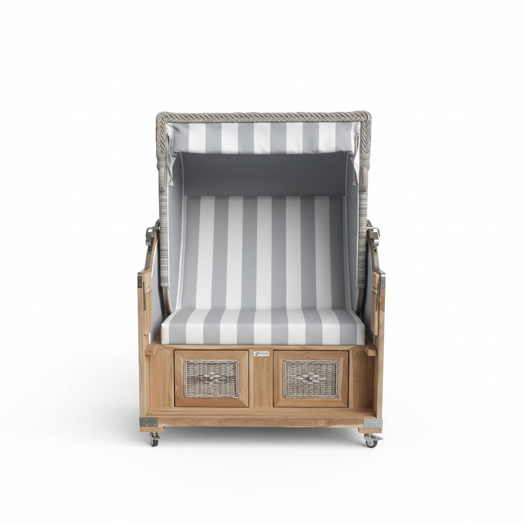 Strandkorb Strandkorb Teak white washed, grau/weiß PVC, 2 Sitzer Voll-Liegemodell
