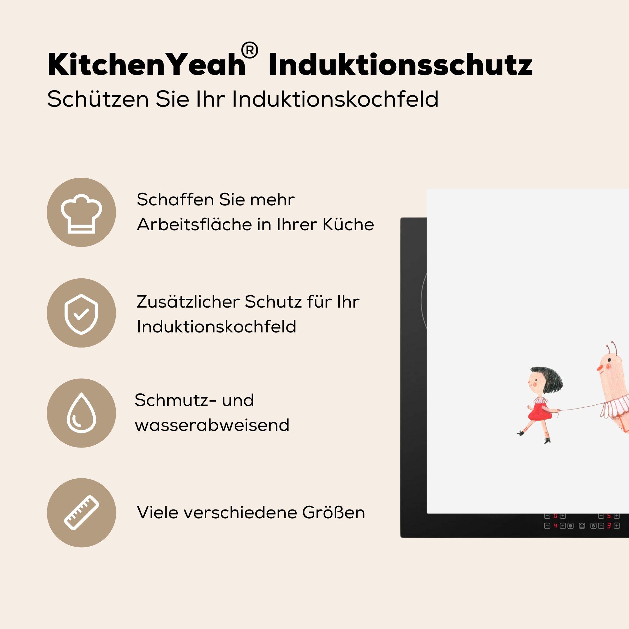 Ceranfeldabdeckung für eines Vinyl, (1 59x52 Herdblende-/Abdeckplatte Illustration die ihrer küche, MuchoWow Schnecke, Mädchens tlg), mit Induktionsmatte cm,