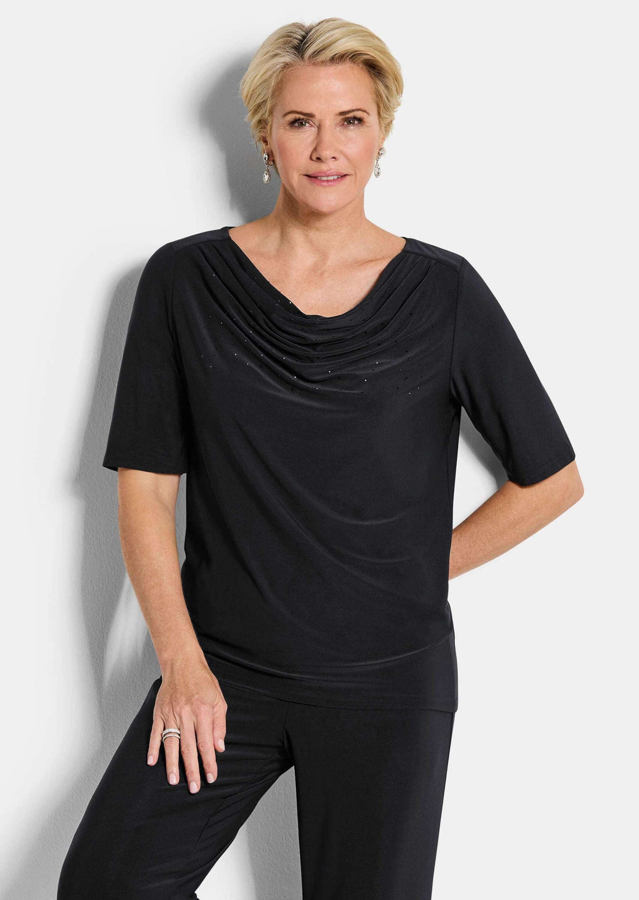 GOLDNER Print-Shirt Jerseyshirt mit Glitzersteinen Blusenshirt mit Wasserfallausschnitt und Halbarm