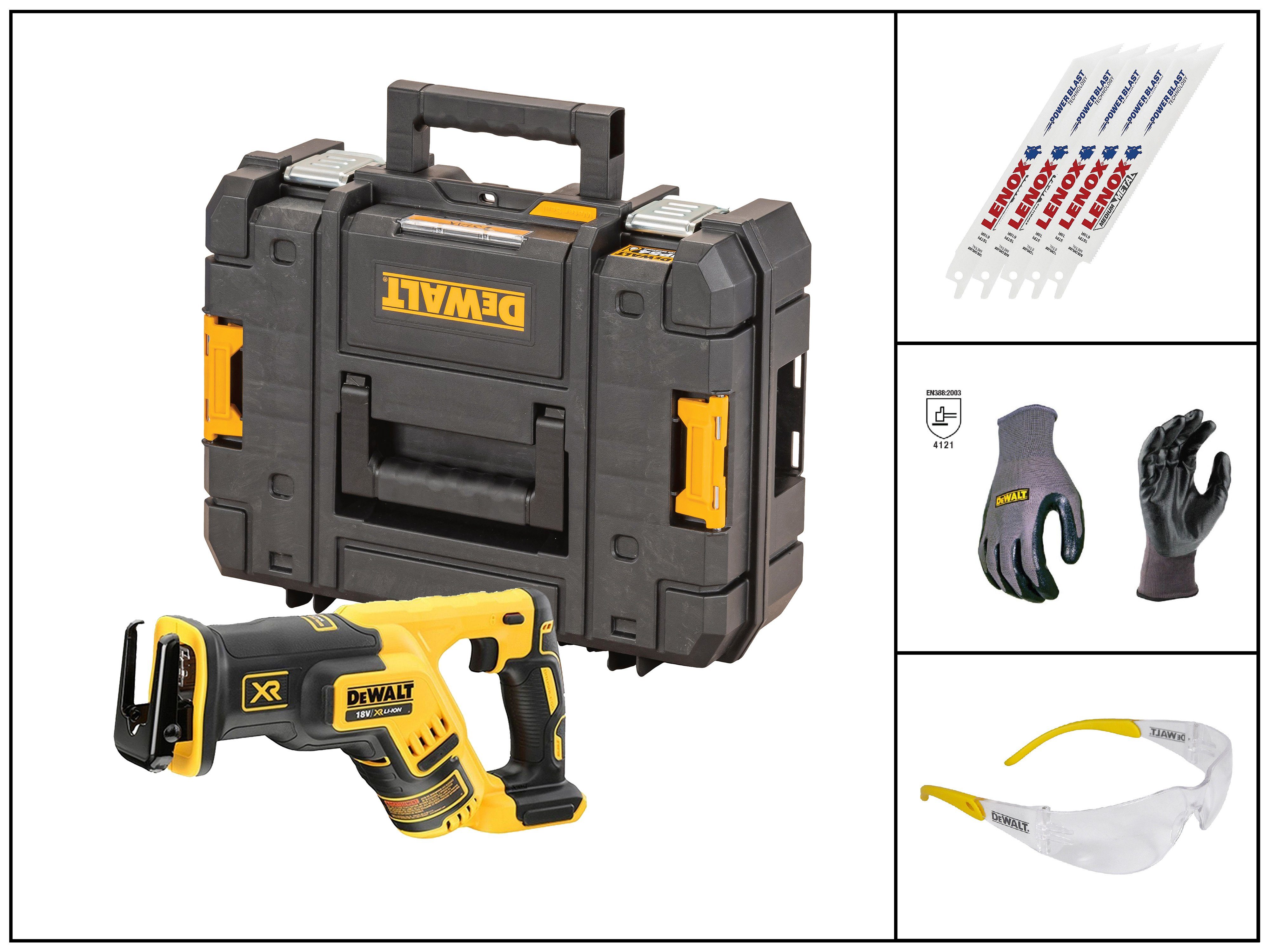 DeWalt Akku-Säbelsäge Set DCS367NT-XJ Akku-Säbelsäge (bl) 18V in T STAK-Box,  inkl. Lenox 205666 18R 5-er Sägeblätter, Handschuhe, Schutzbrille,  Basisversion (ohne Akku & Netzteil)