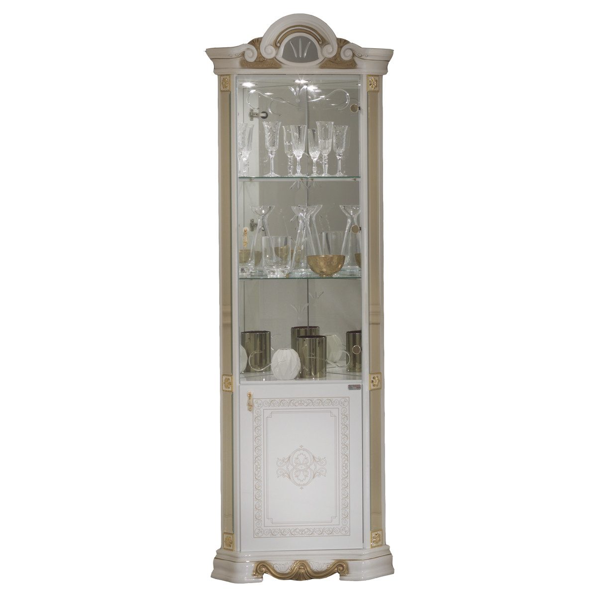 Interdesign24 Eckvitrine Bella (2-Türig, im Barock-Stil, mit Goldverzierungen) in Weiß/Gold Hochglanz