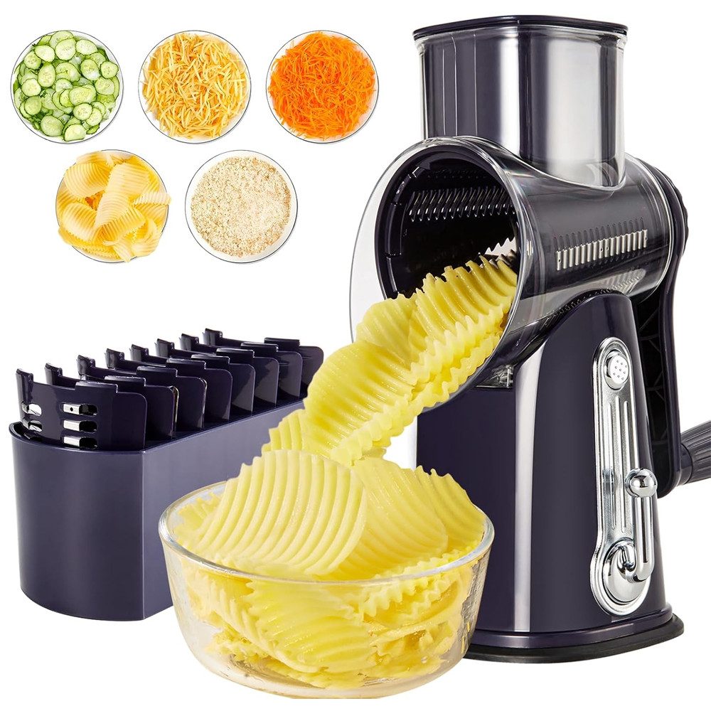 TUWENA Gemüsehobel 5-in-1 Rotations-Käsereibe, manueller Gemüsehobel mit starkem Saugfuß