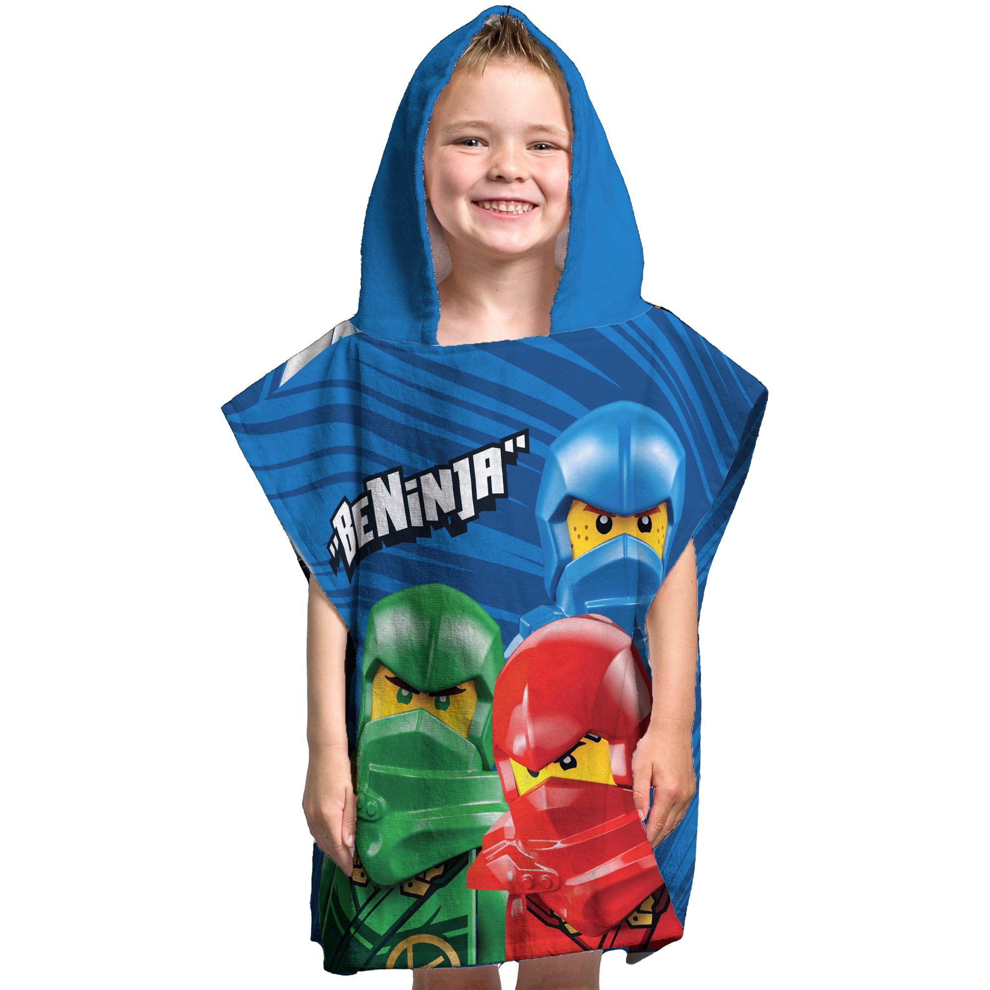 BERONAGE Kapuzenhandtuch LEGO Ninjago Kinder Kapuzen Bade-Poncho Blau 60x120 cm Bademantel, Baumwolle (1-St), Frottee in Velours-Qualität