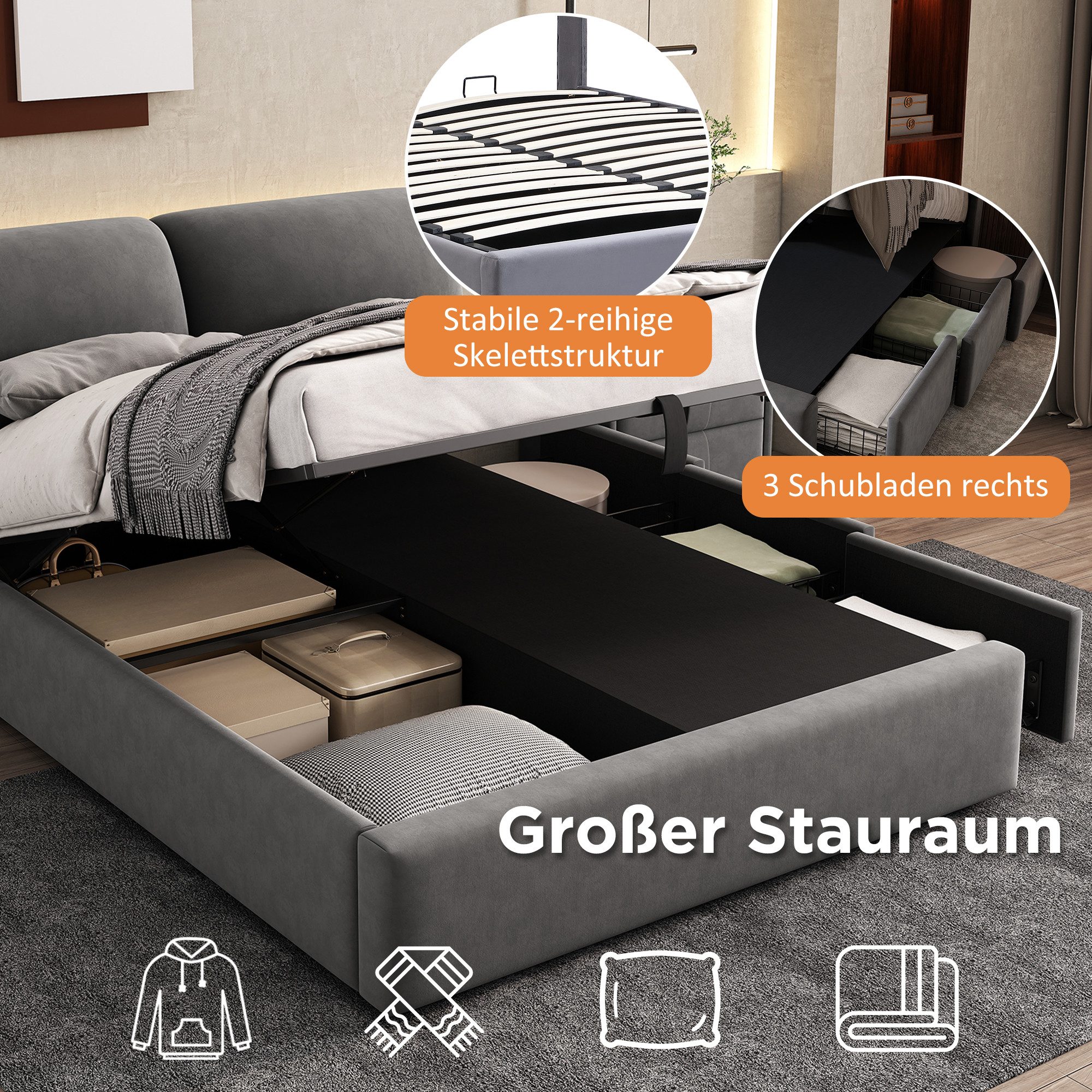 STILVORA Polsterbett 140×200 Bettgestell mit Bettkasten,Jugendbett Doppelbe günstig online kaufen