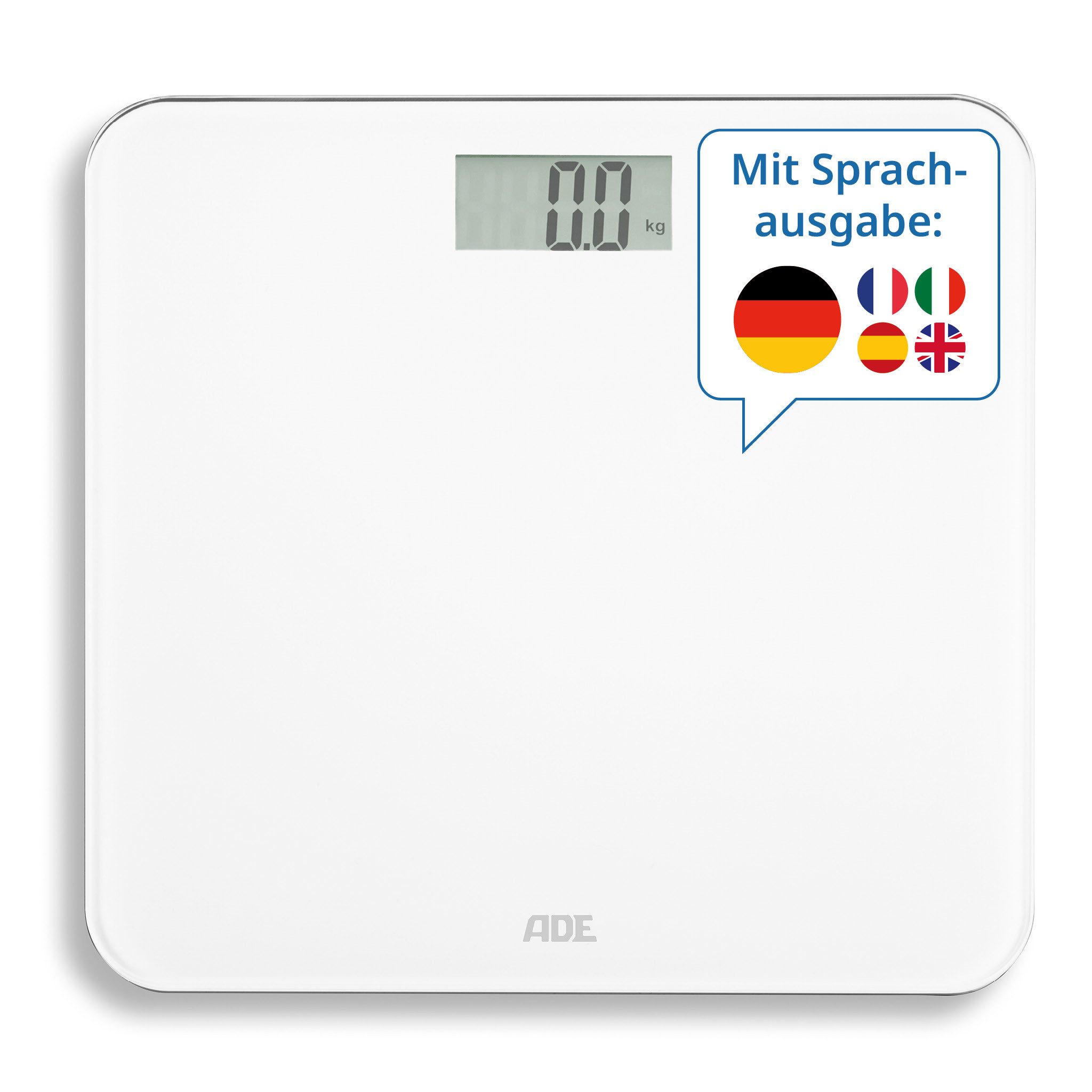 ADE Personenwaage digital, Körperwaage mit Sprachausgabe bis 250 kg, 5 Sprachen, sprechende Waage, ideal für Senioren, inkl. AAA Batterien