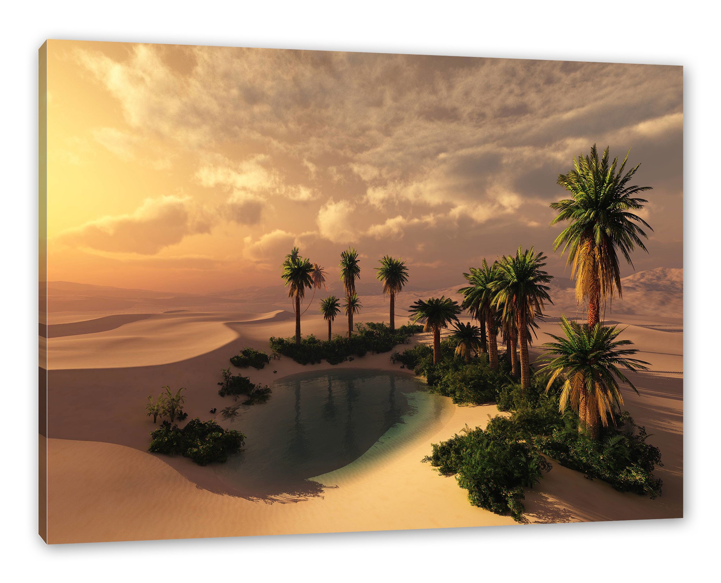 Pixxprint Leinwandbild Oase in der Wüste bei Sonnenuntergang, Oase in der Wüste bei Sonnenuntergang (1 St), Leinwandbild fertig bespannt, inkl. Zackenaufhänger