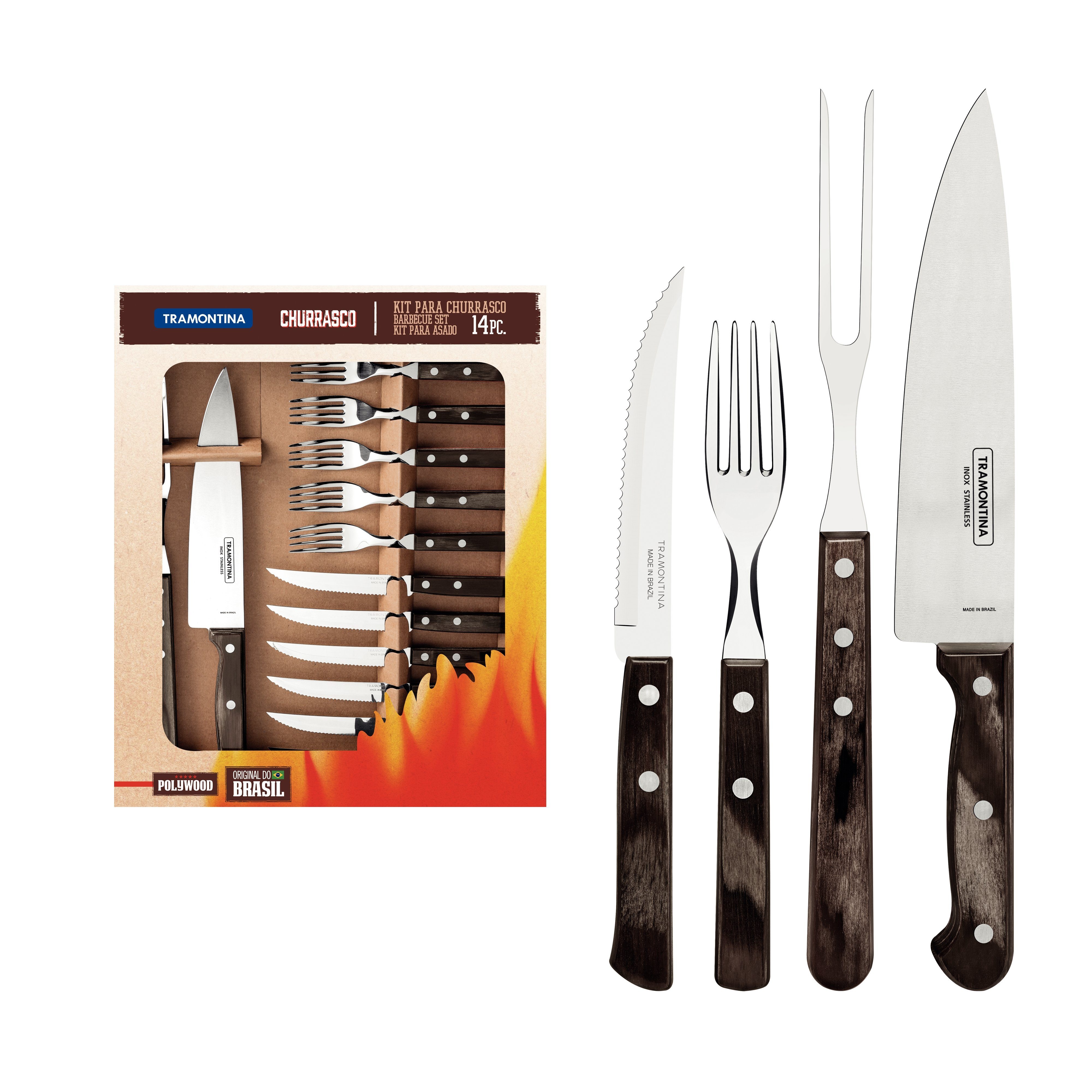 Tramontina Steakbesteck CHURRASCO für 6 Personen (14-tlg), 6 Personen, Edelstahl, inkl. Tranchierbesteck, rostfreier Edelstahl, spülmaschinenfest