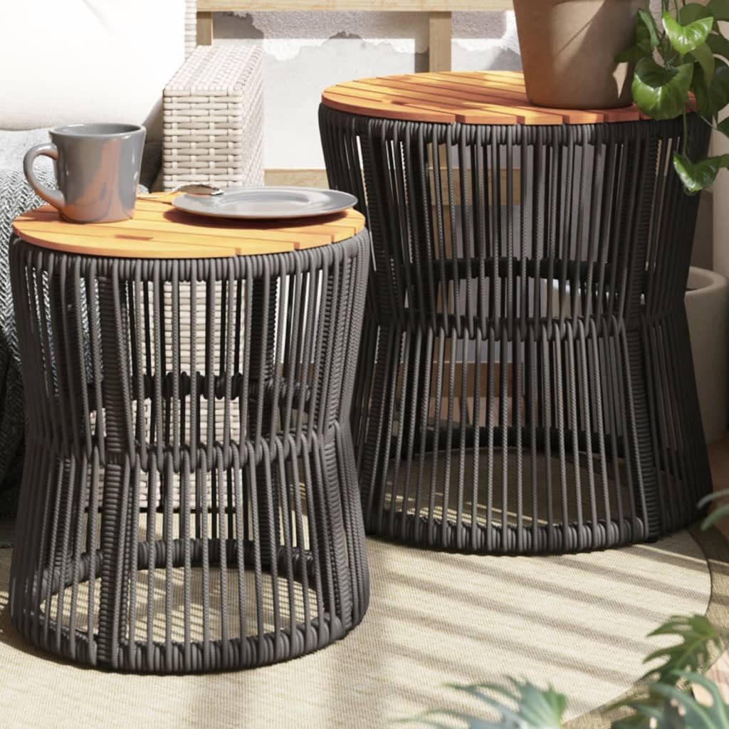 vidaXL Gartentisch Garten-Beistelltische 2 Stk. mit Holzplatte Grau Poly Rattan (1-St)