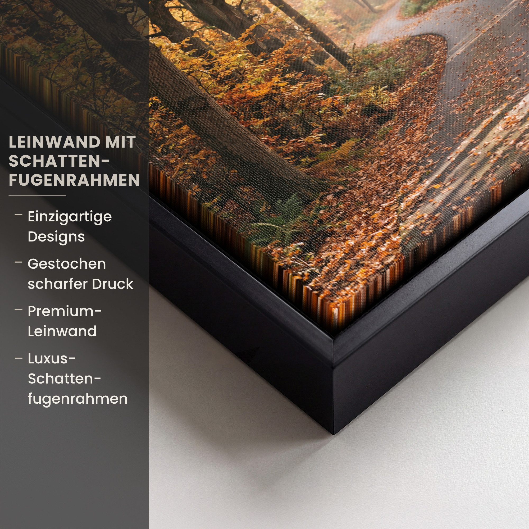 OneMillionCanvasses® Leinwandbild mit Rahmen - Waldweg - Herbstwald - Blätter - Orange - Nostalgisch, Fotodruck (1 St), Leinwand Bilder Klein, Wand Dekoration A – Bild 3 von 5
