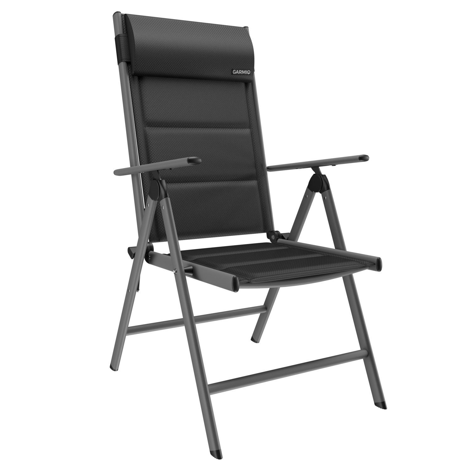 GARMIO Klappstuhl Gartenstuhl FLORENZ, robustes Aluminiumgestell für Garten (inkl. Nackenkissen, schwarz, für Camping geeignet), 7-fach verstellbar, klappbar, inkl. Nackenkissen, für Terrasse