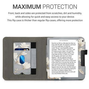 kwmobile E-Reader-Hülle Flip Schutzhülle für Kobo Libra 2, Handschlaufe - Cover Magnolien Design