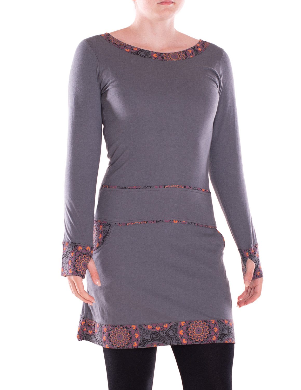 Vishes Minikleid Damen Langarm Kleid Baumwolle Geometrisch mit Taschen Alternative Bekleidung, Ethno, Hippie, Retro Style