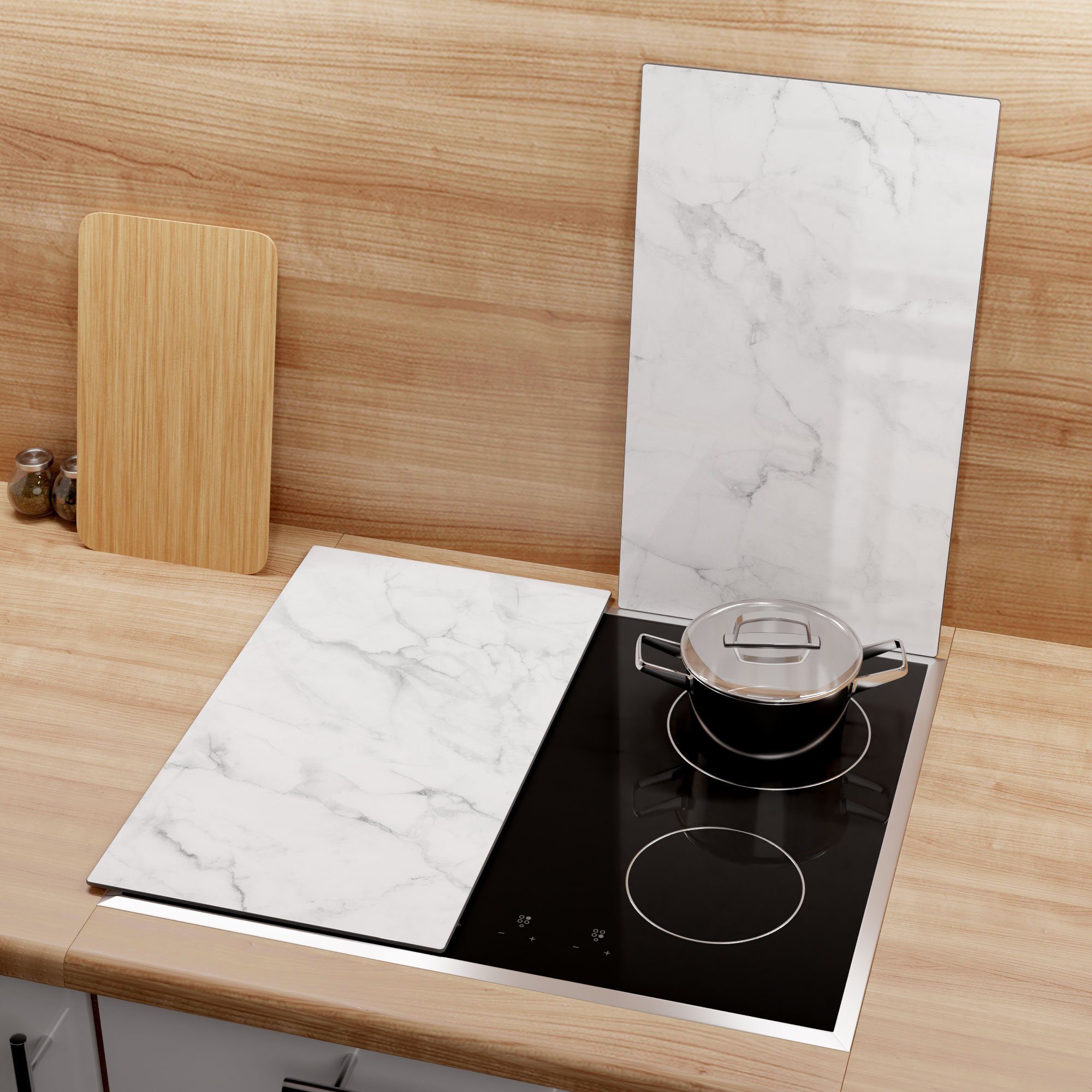DEQORI Herdblende-/Abdeckplatte 'Marmorplatte im Detail', Glas, (2 tlg), Herdabdeckplatte Ceranfeld Herd Platte Abdeckung Glasplatte