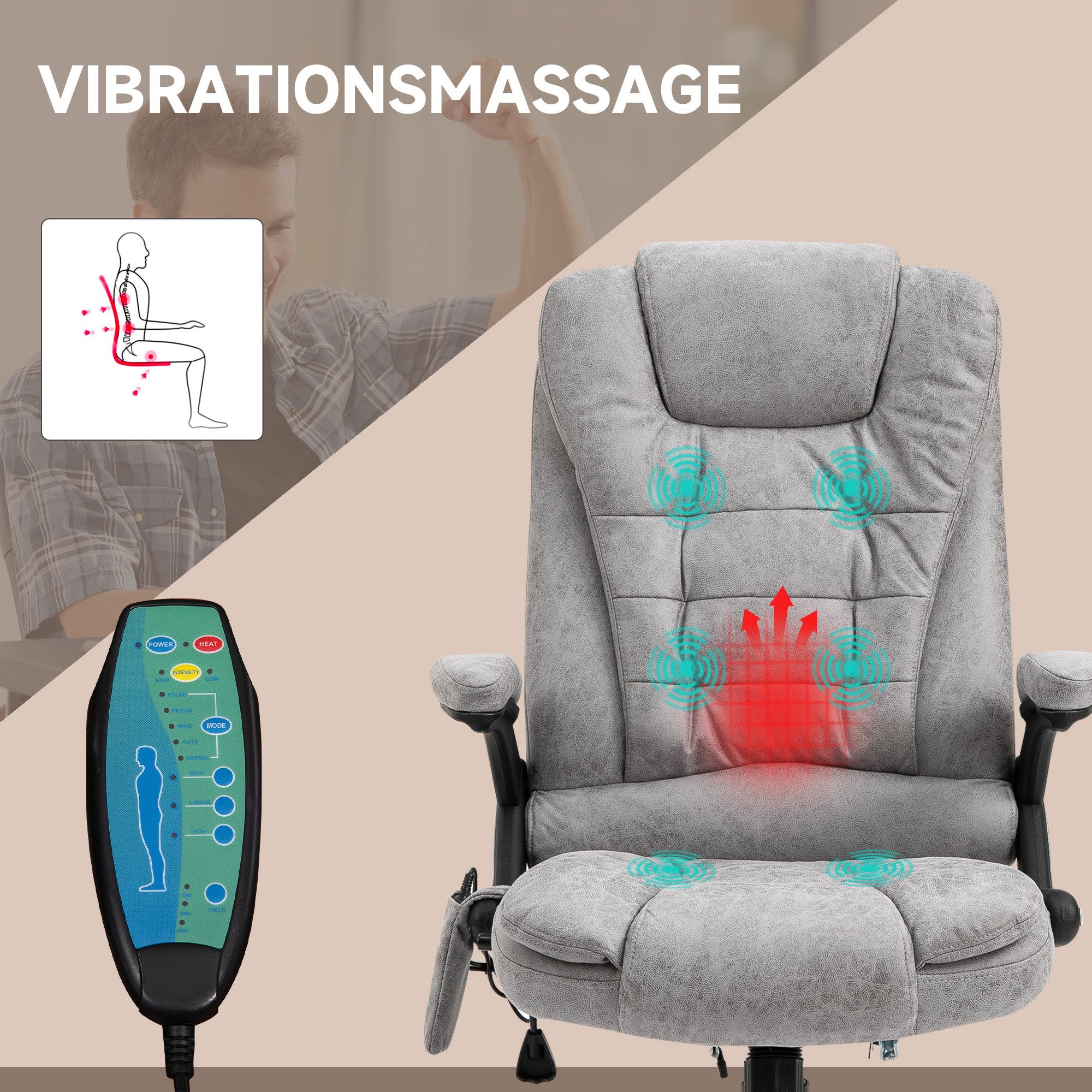 Vinsetto Schreibtischstuhl Ergonomischer Chefsessel mit Heiz-/Liegefunktion u. Computerstuhl (Massagesessel, 1 St), für Wohnbereich, Grau – Bild 4 von 5
