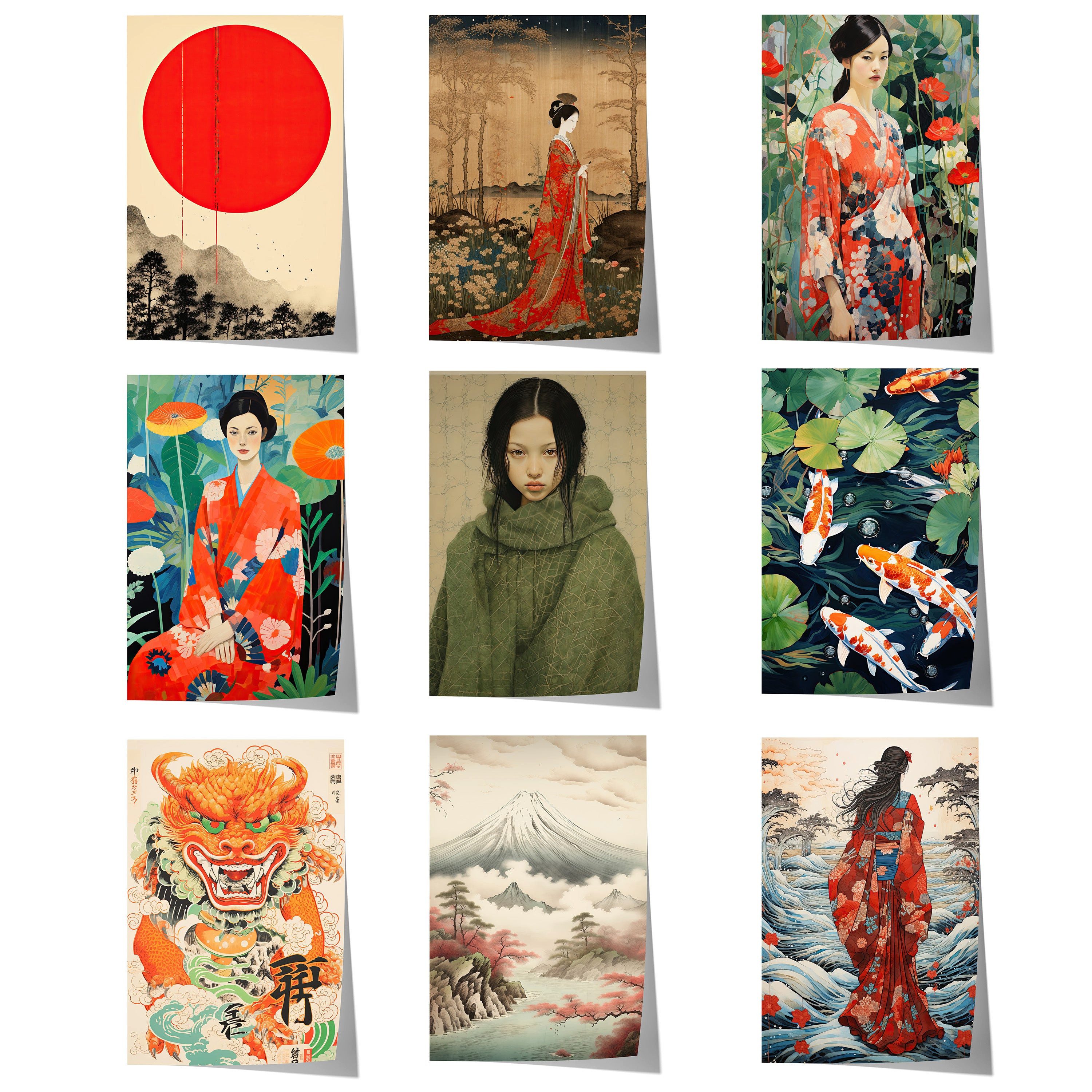 JUSTGOODMOOD Poster Japan Geschenkidee Japanische Kunst Geisha Koi Drache und Fuji Dekopri, I (1 St)