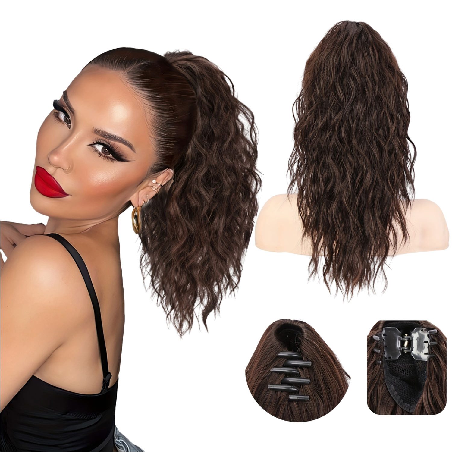 Kunsthaarperücke Damen Flauschige Gewellte Ponytail Pferdeschwanz Extension mit Clip