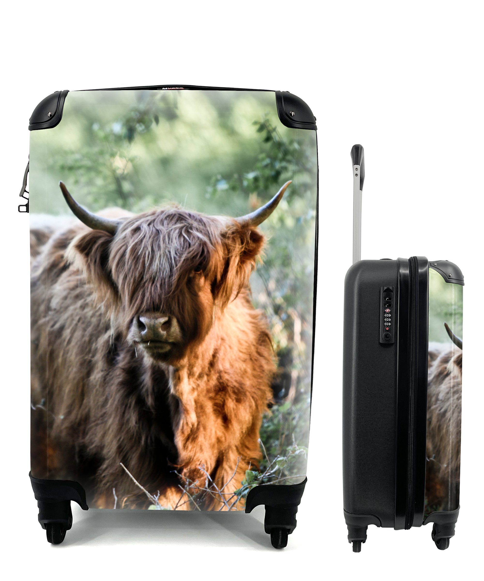 MuchoWow Handgepäckkoffer Schottische Highlander - Wald - Tiere, 4 Rollen, Reisetasche mit rollen, Handgepäck für Ferien, Trolley, Reisekoffer