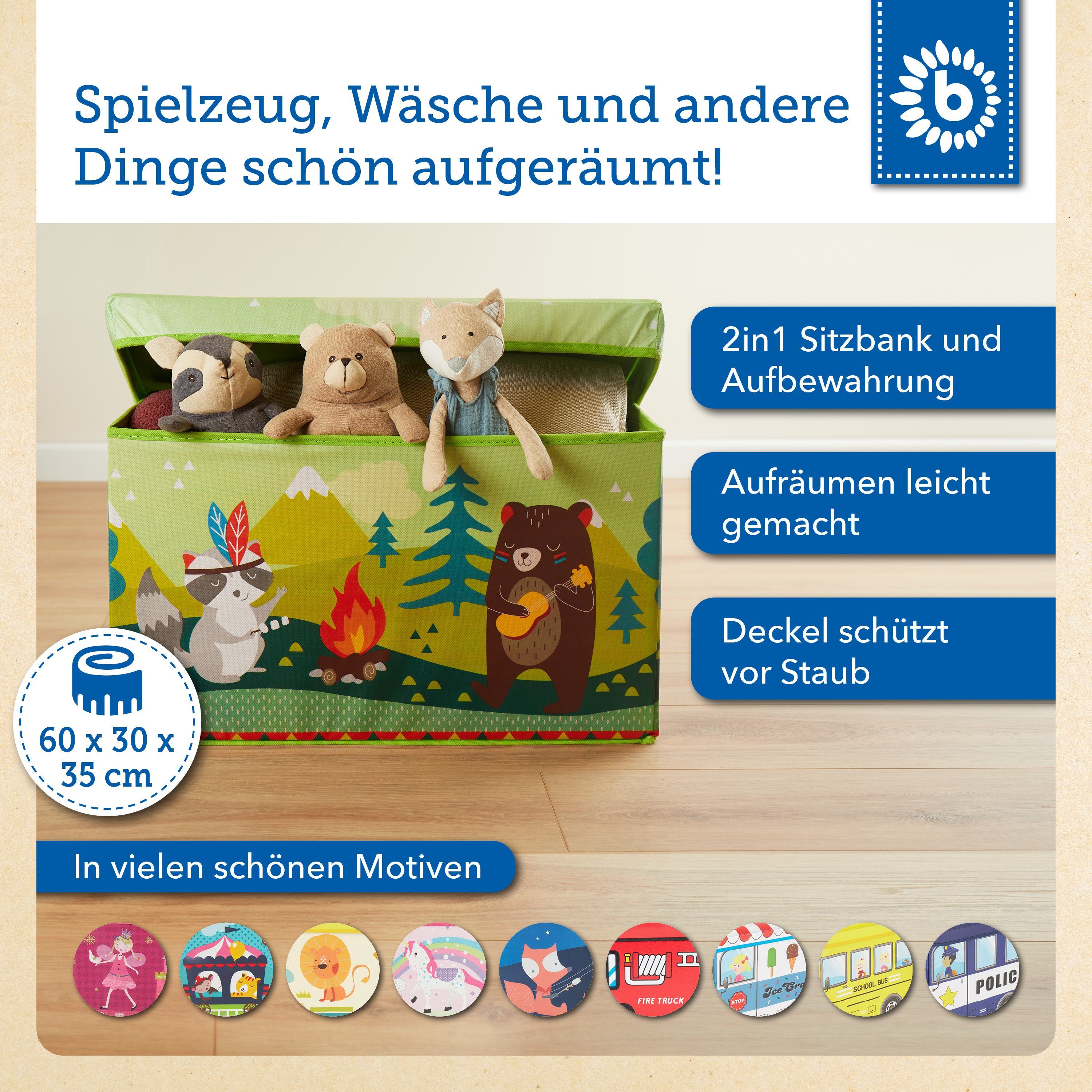 BIECO Spielzeugtruhe Bieco Deckel Waldtiere Organizer faltbar mit mit Groß Aufbewahrungsbox mit Deckel Kinder Kisten Aufbewahrungsbox ca. 60x30x35cm Spielzeugkiste Deckel 60L, Aufbewahrungsbox Wickeltisch