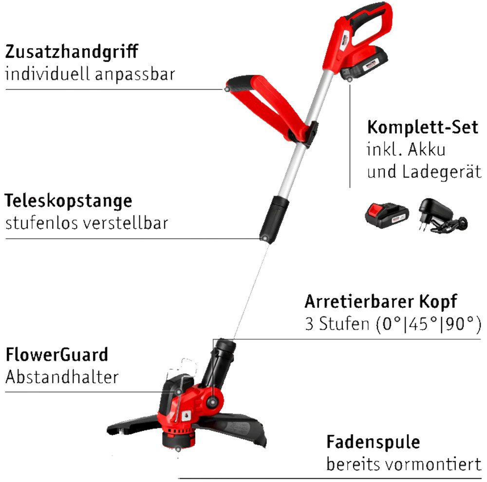 WALTER Akku-Rasentrimmer 20V Akku Rasentrimmer Rasenkantenschneider Rasen Trimmer inkl. Akku, Schnittwinkel: 0-90°
