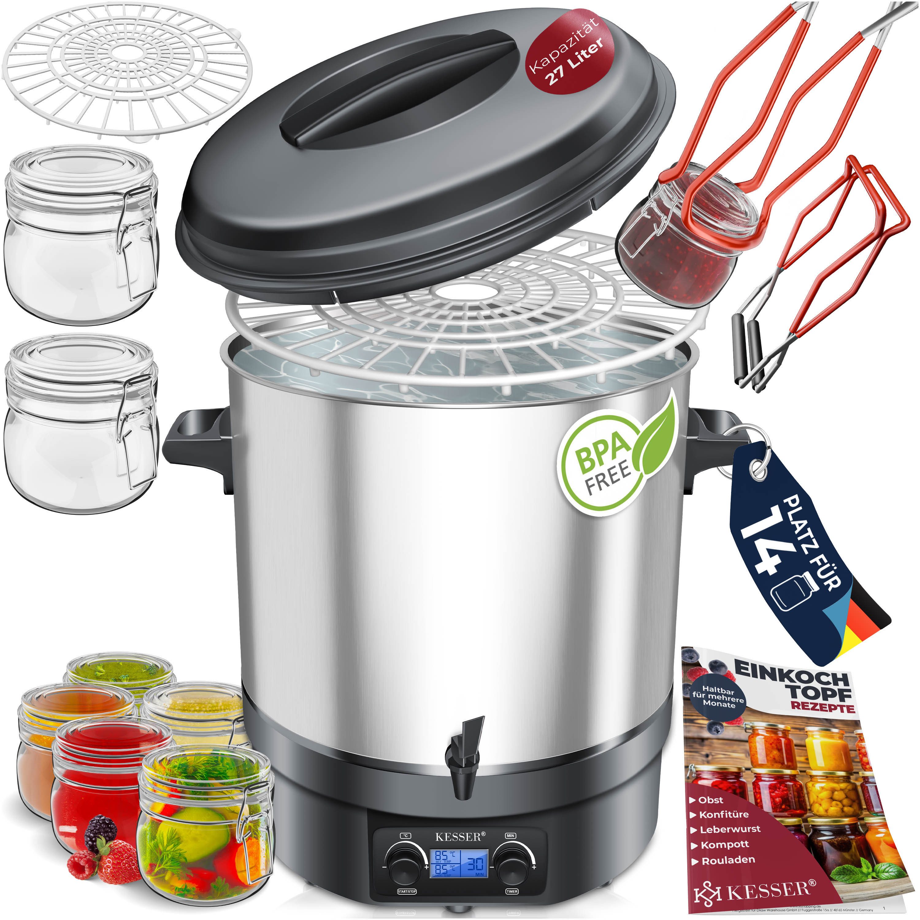 KESSER Heißgetränke- und Glühweinautomat, 2000 W, Einkochautomat 2000W 27L LCD-Display Glühweintopf Heißgetränk
