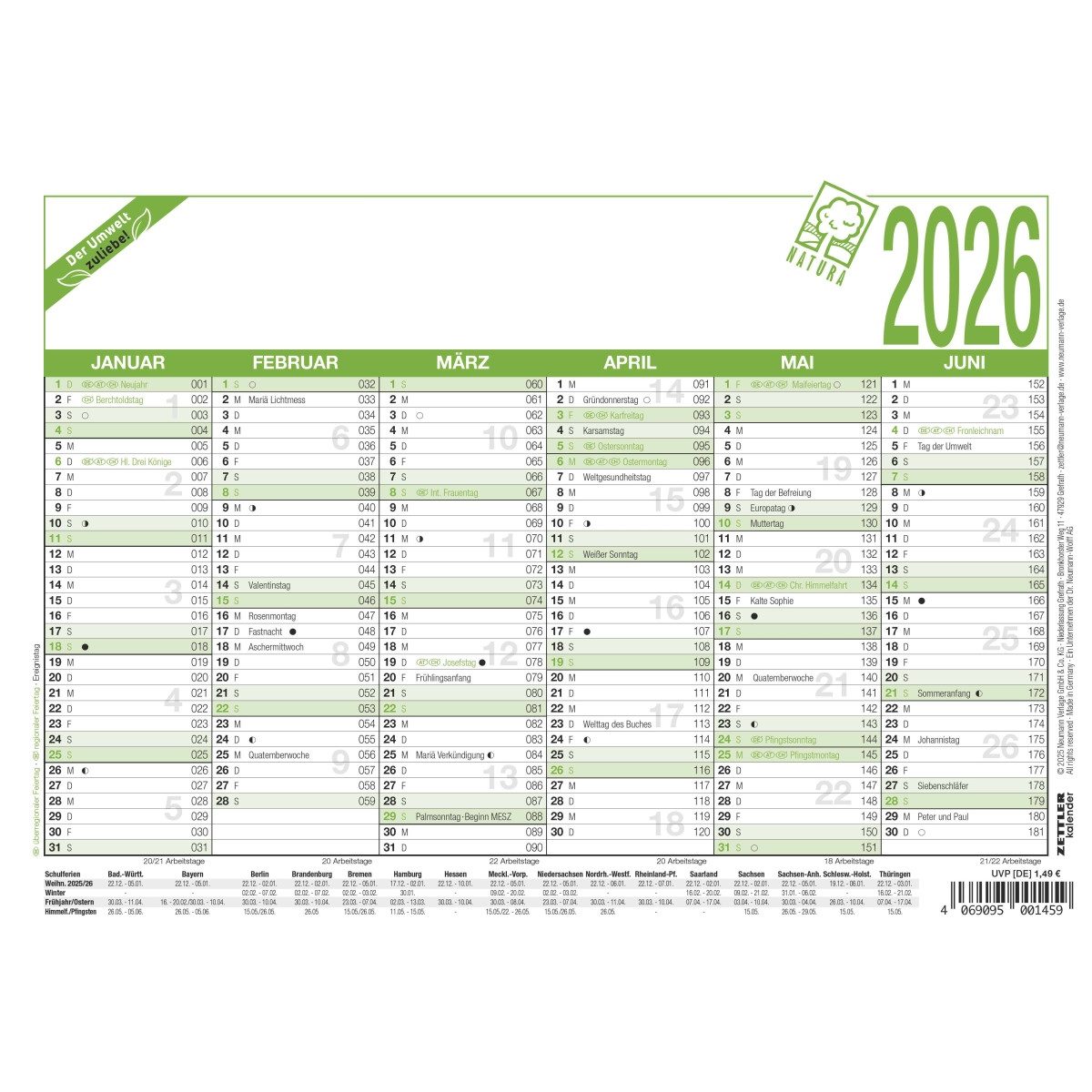 ZETTLER Terminplaner Arbeitstagekalender 904 A5 21x14,8cm Recycling 2026