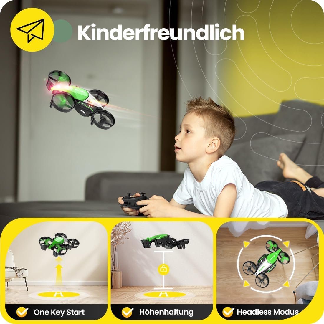 LED-Licht STONE 3D-Flip) Mini Drohne Quadrocopter Kinder (HD, Flugmodus RC Renn Drohne HOLY