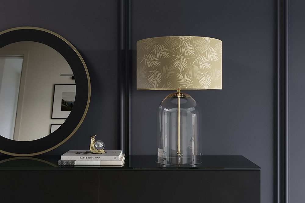 riess-ambiente Tischleuchte CLASSICO 60cm transparent/weiß/gold – Leinenschirm mit Palmen-Muster, Ein-/Ausschalter, ohne Leuchtmittel, Wohnaccessoire im Vintage-Stil, Design-Glasfuß, für Nachtschrank