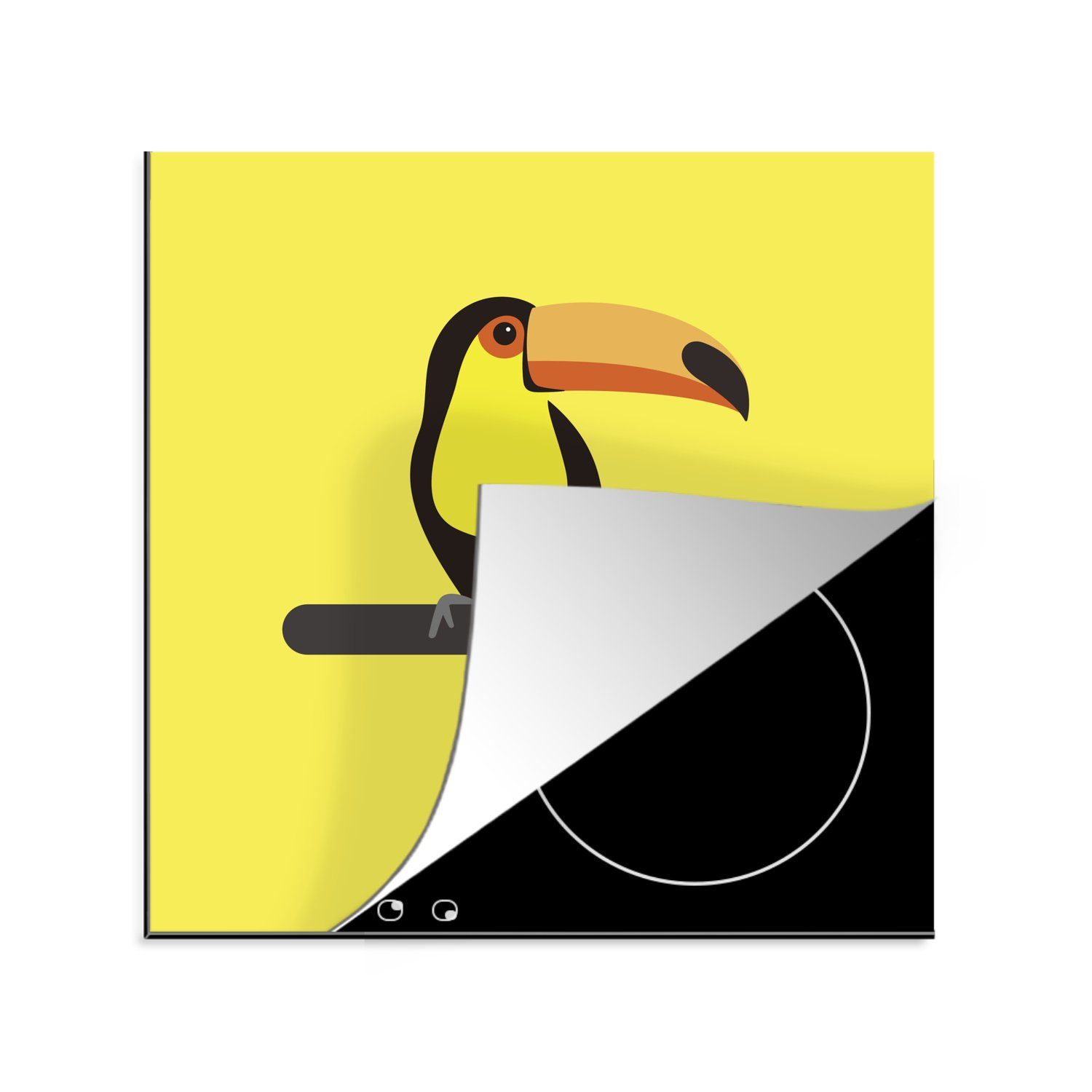 MuchoWow Herdblende-/Abdeckplatte Eine Illustration eines Tukans auf gelbem Hintergrund, Vinyl, (1 tlg), 78x78 cm, Ceranfeldabdeckung, Arbeitsplatte für küche