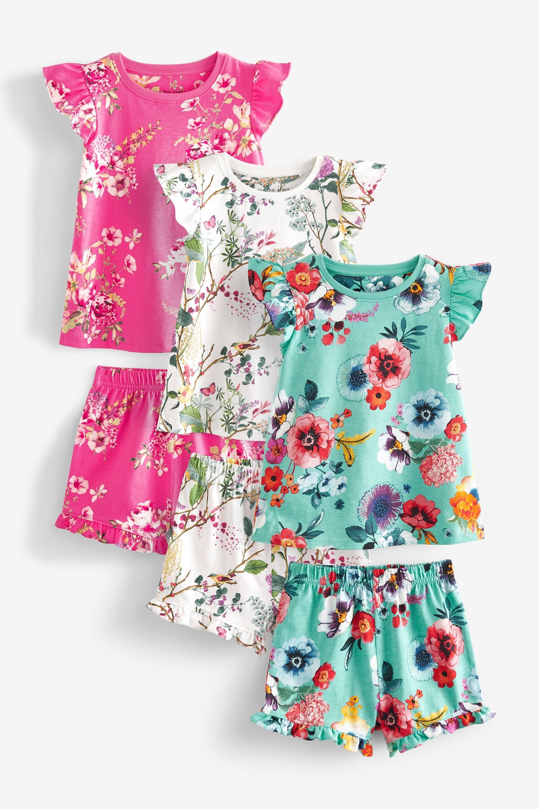 Next Pyjama Kurze 3er-Pack Schlafanzüge, Floral tlg) (6 Pink/Blue