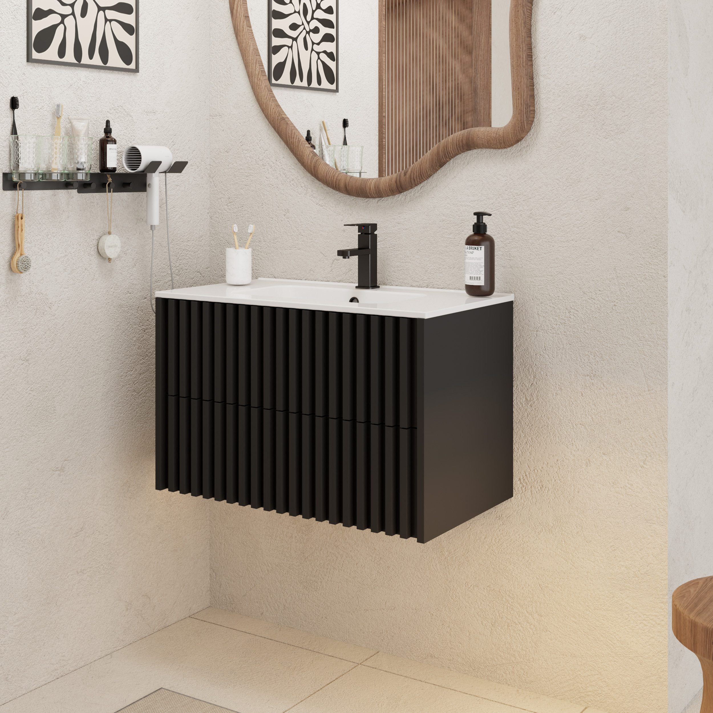 UEV Waschtisch Waschbecken mit Unterschrank set Badmöbel Gäste-WC (mit Wasserhahn und Pop-up-Ablassventil, Soft-close Schubladen,Waschbeckenunterschrank mit 2 S – Bild 3 von 5