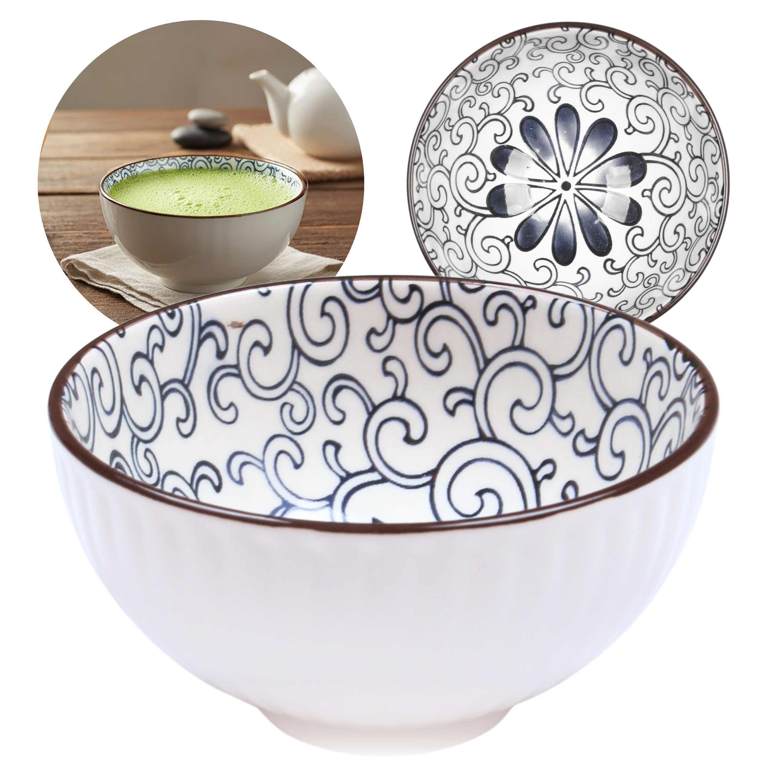 Sarcia.eu Teeschale Japanische Tasse, Chawan Matcha-Schale, blaue Blumenornamente 280 ml