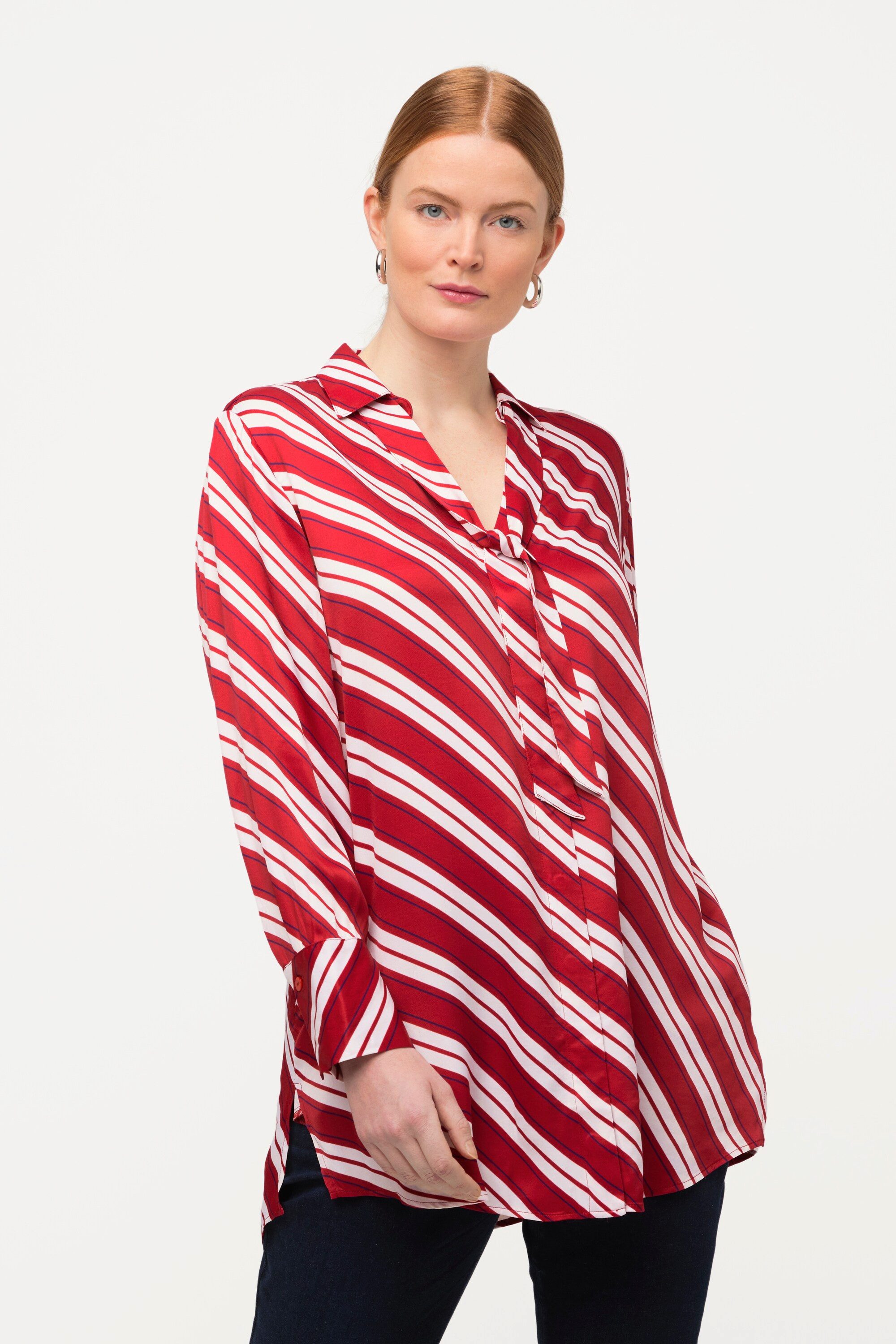 Ulla Popken Hemdbluse Longbluse Streifen A-Linie Hemdkragen Langarm