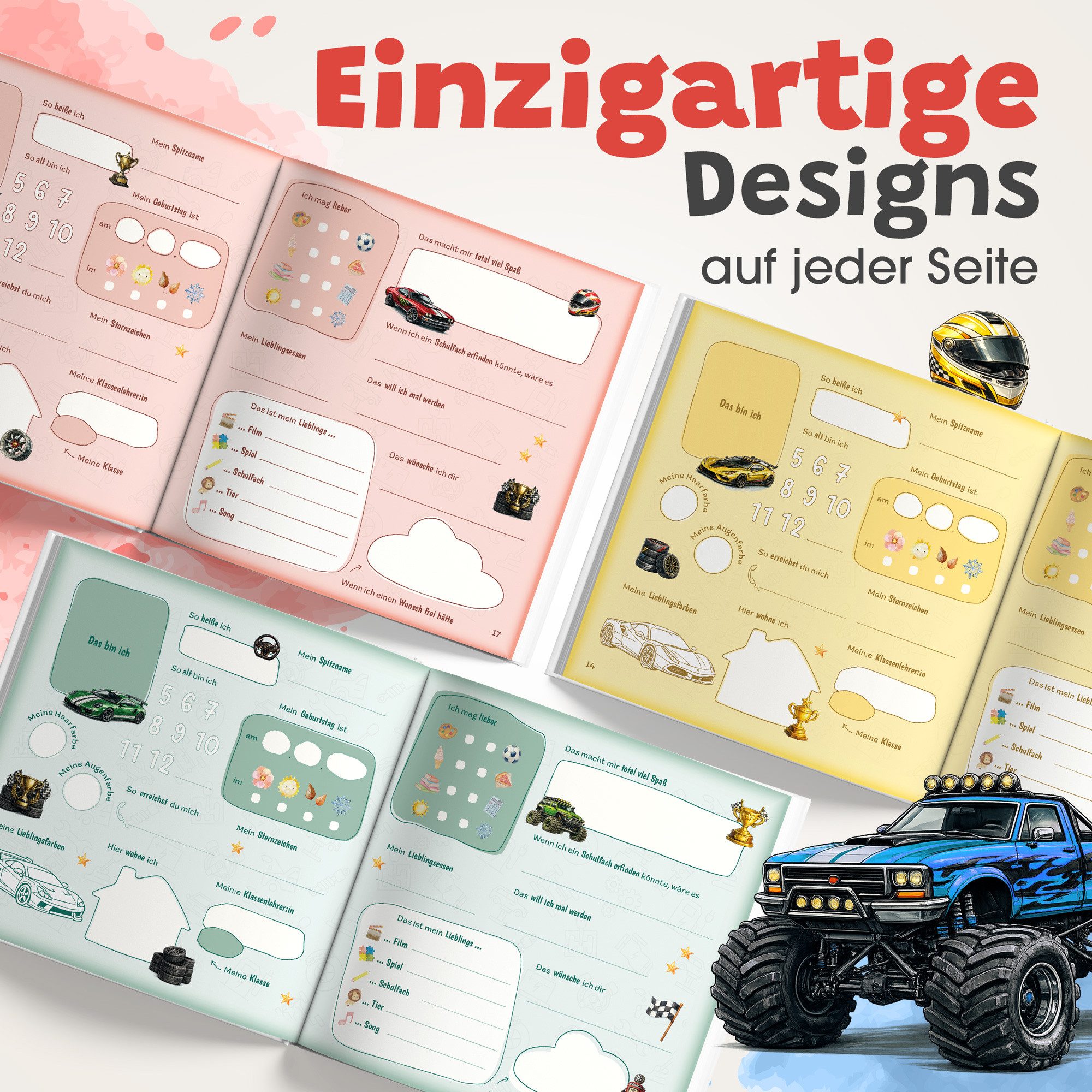 Eulentaler Freundebuch Junge (Schule) I von Pädagogen gestaltet, Autos, Monstertrucks & Goldprägung, Geschenk für Schulkinder – Bild 5 von 5